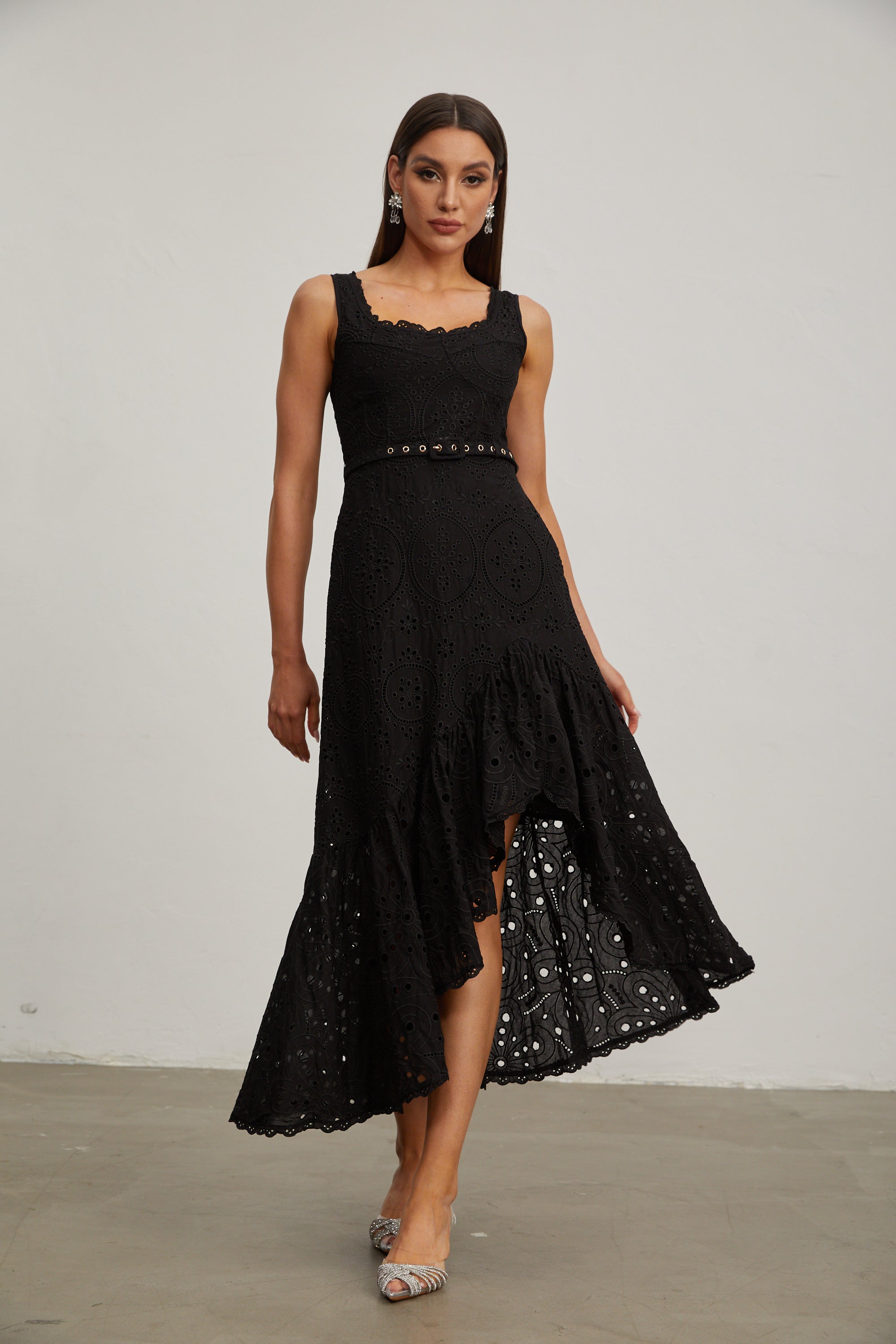 Lucy Black Lace Asymmetric Midi Dress