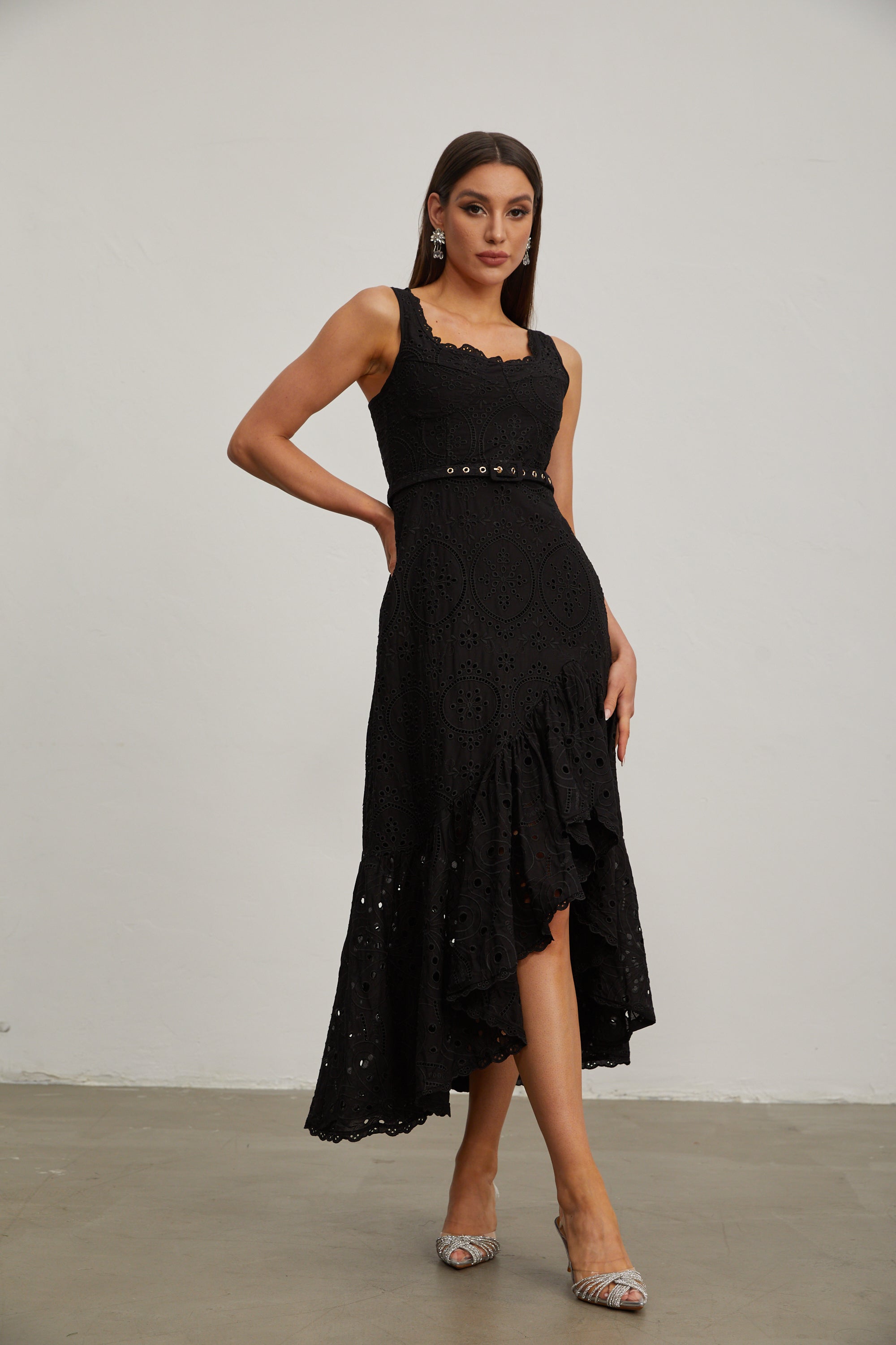 Lucy Black Lace Asymmetric Midi Dress