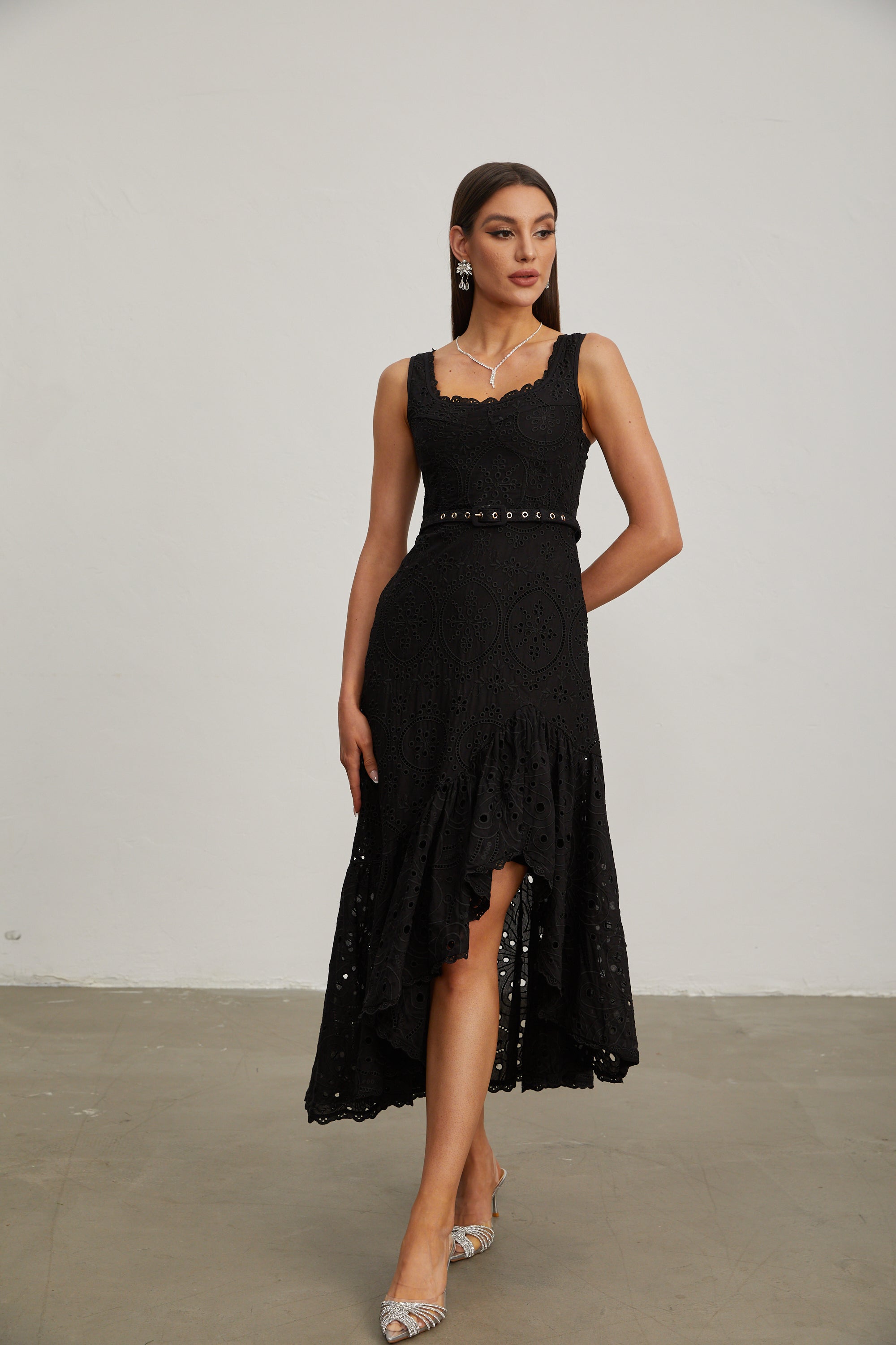 Lucy Black Lace Asymmetric Midi Dress