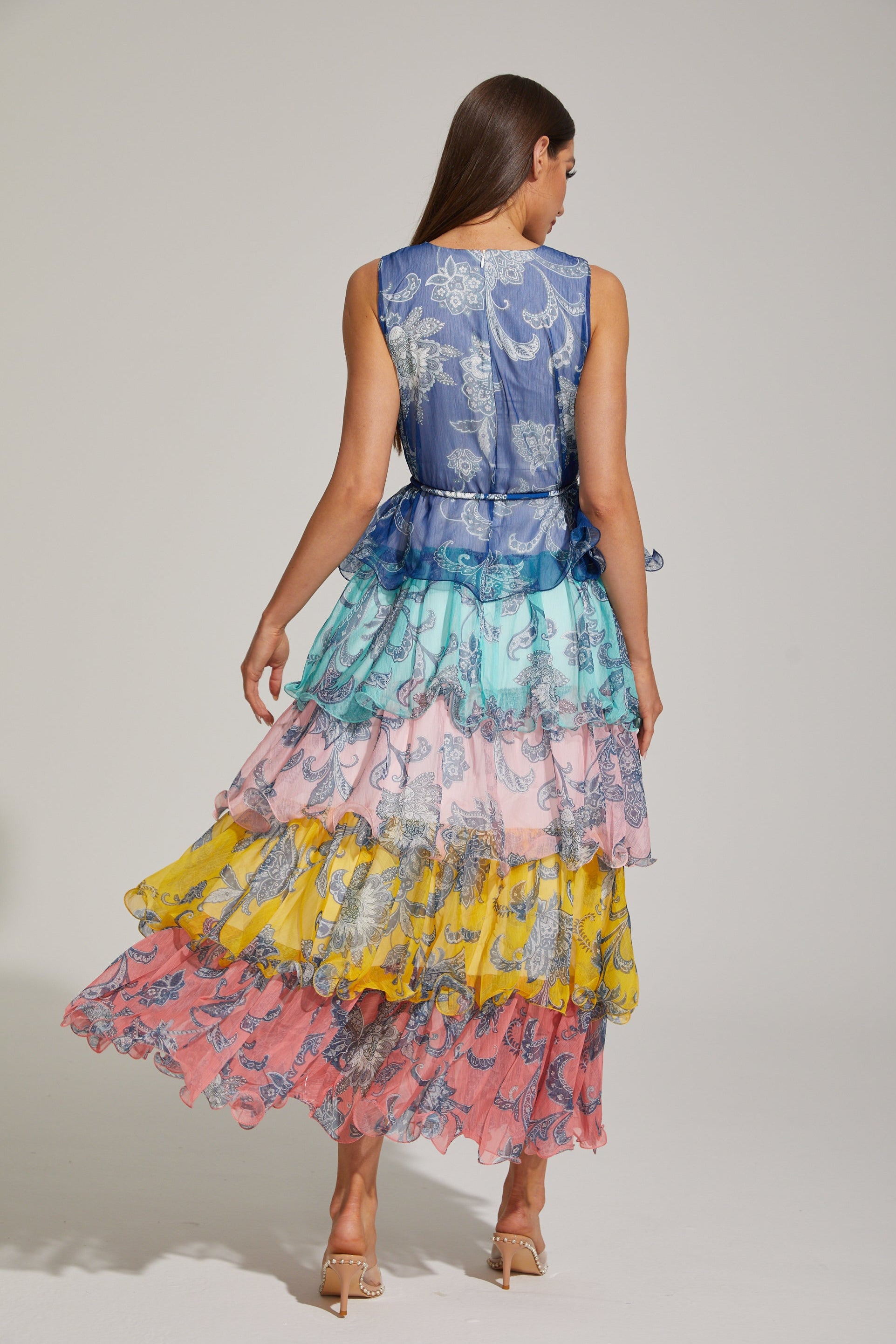 Janique Rainbow Paisley Ruffled Maxi Dress