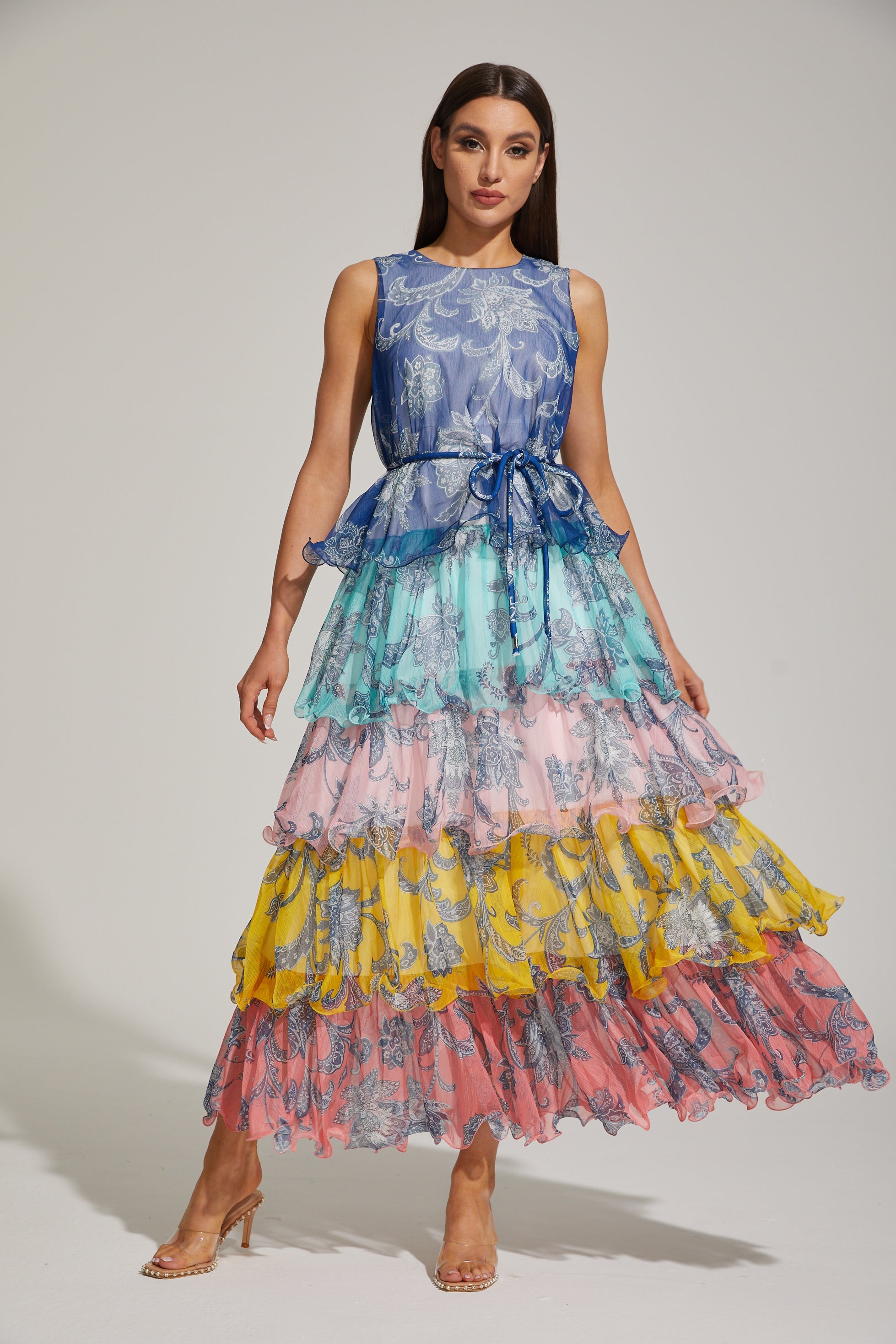 Janique Rainbow Paisley Ruffled Maxi Dress