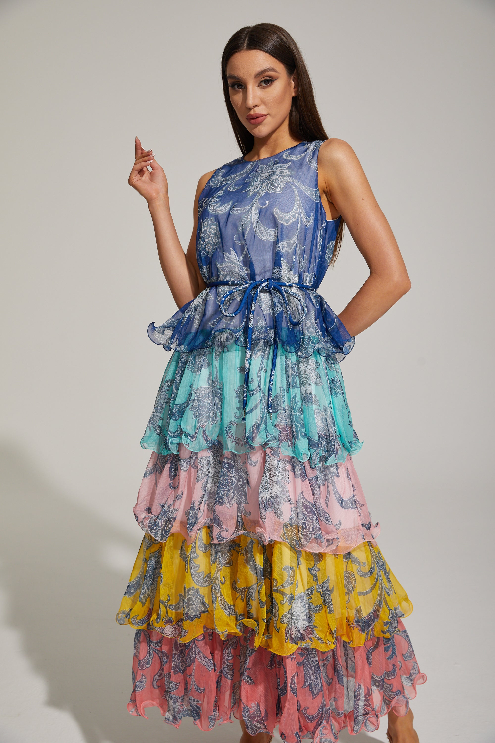 Janique Rainbow Paisley Ruffled Maxi Dress