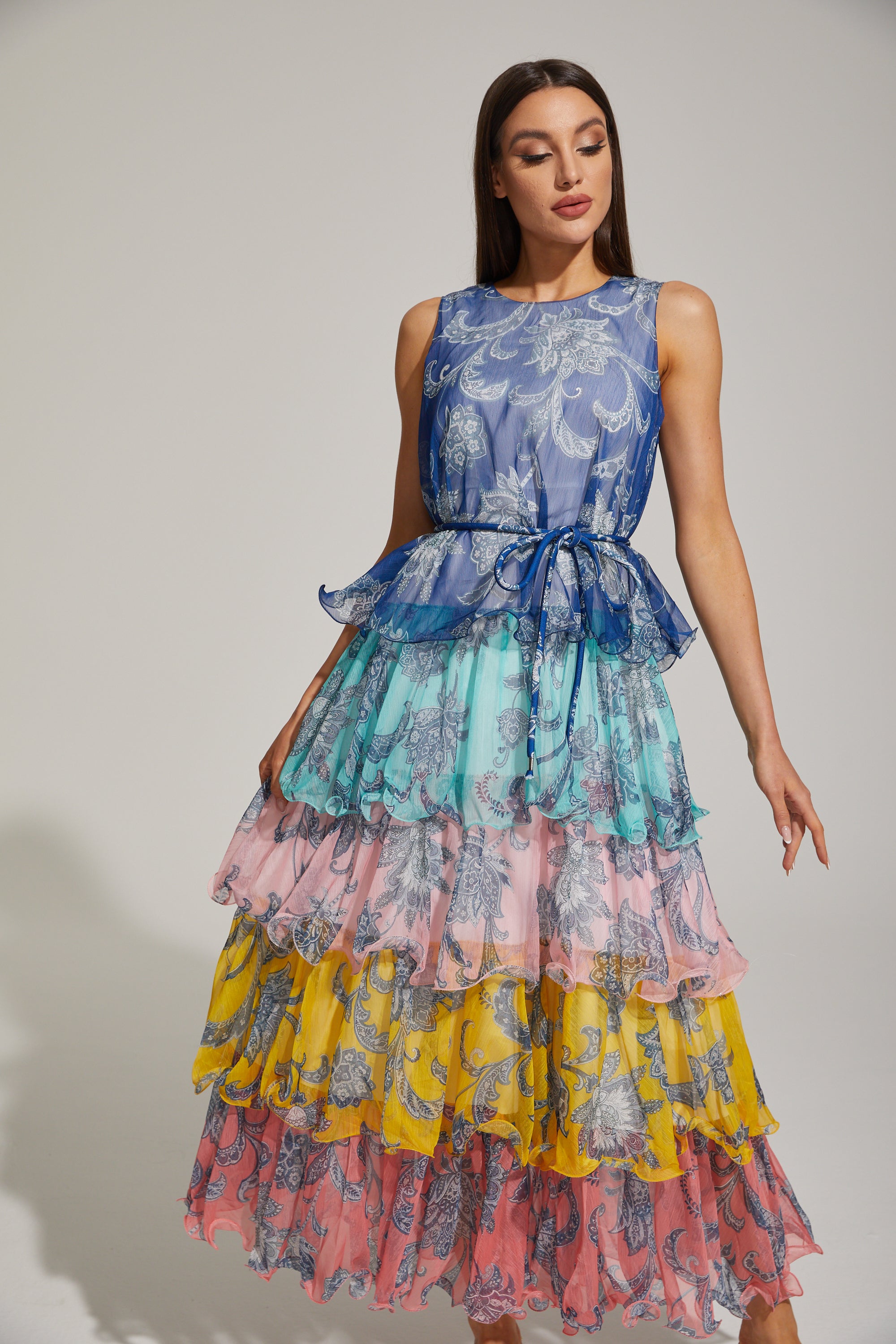 Janique Rainbow Paisley Ruffled Maxi Dress