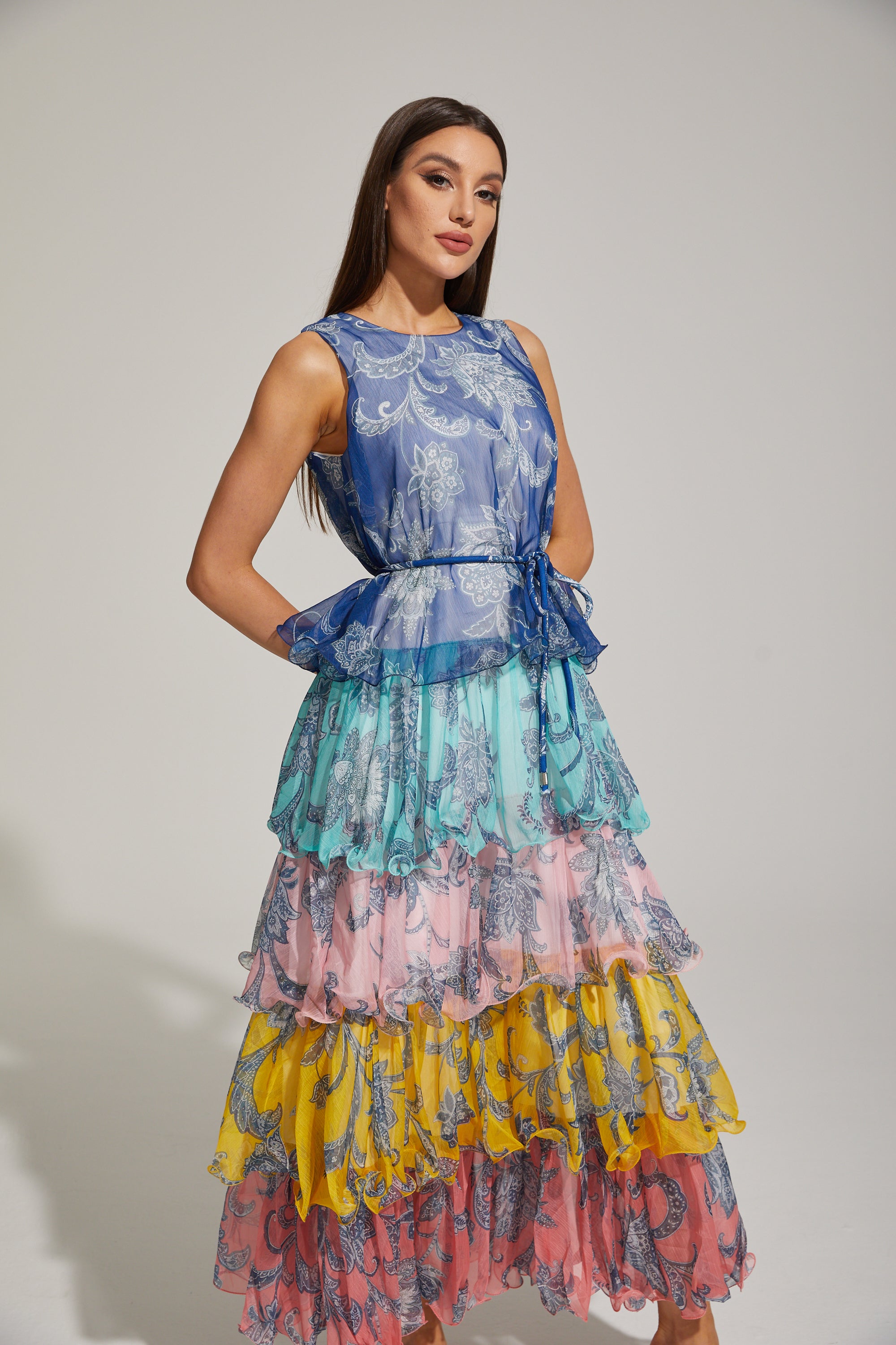 Janique Rainbow Paisley Ruffled Maxi Dress