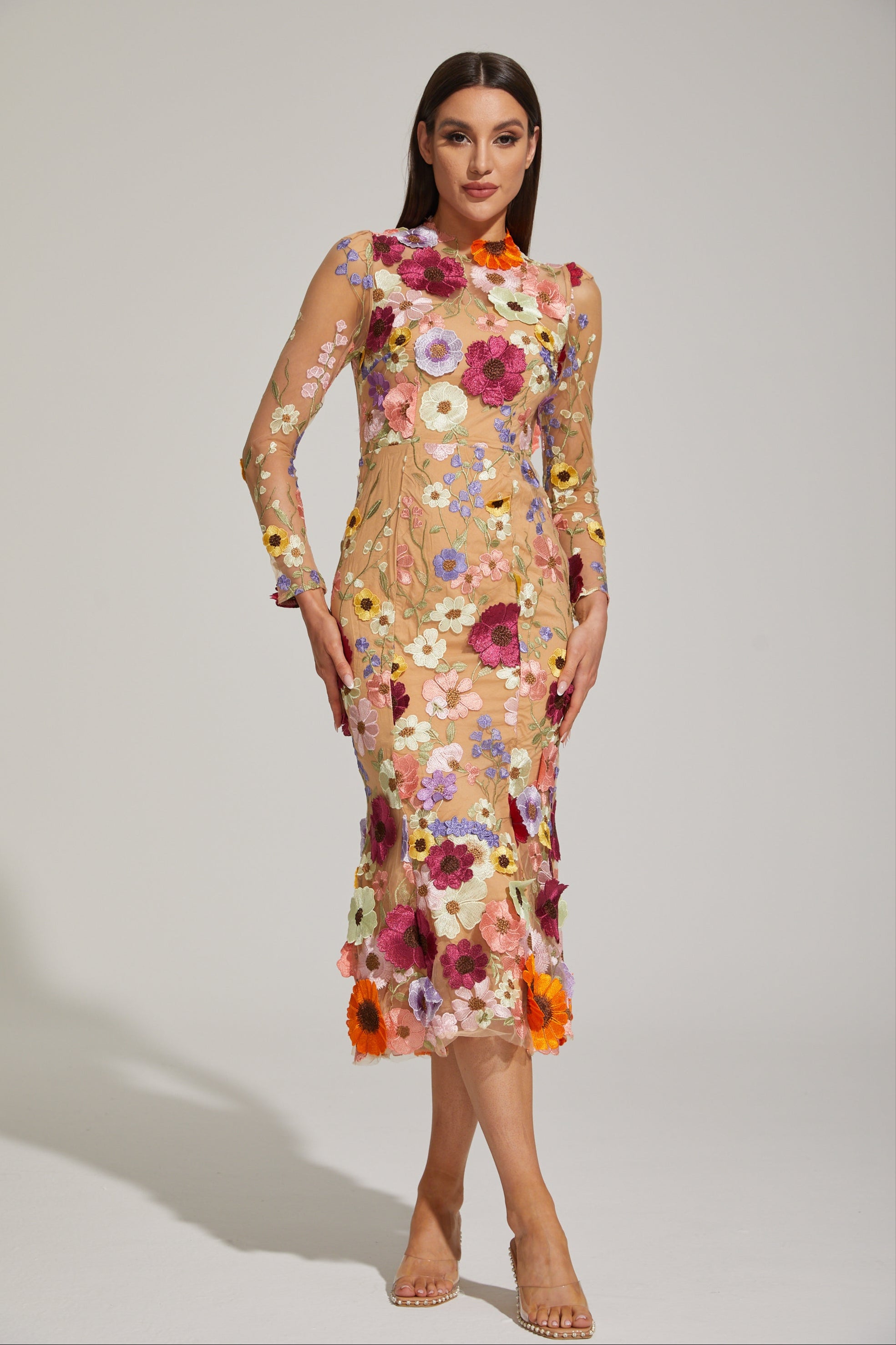 Lilas Enchanted Floral Mesh Midi Dress