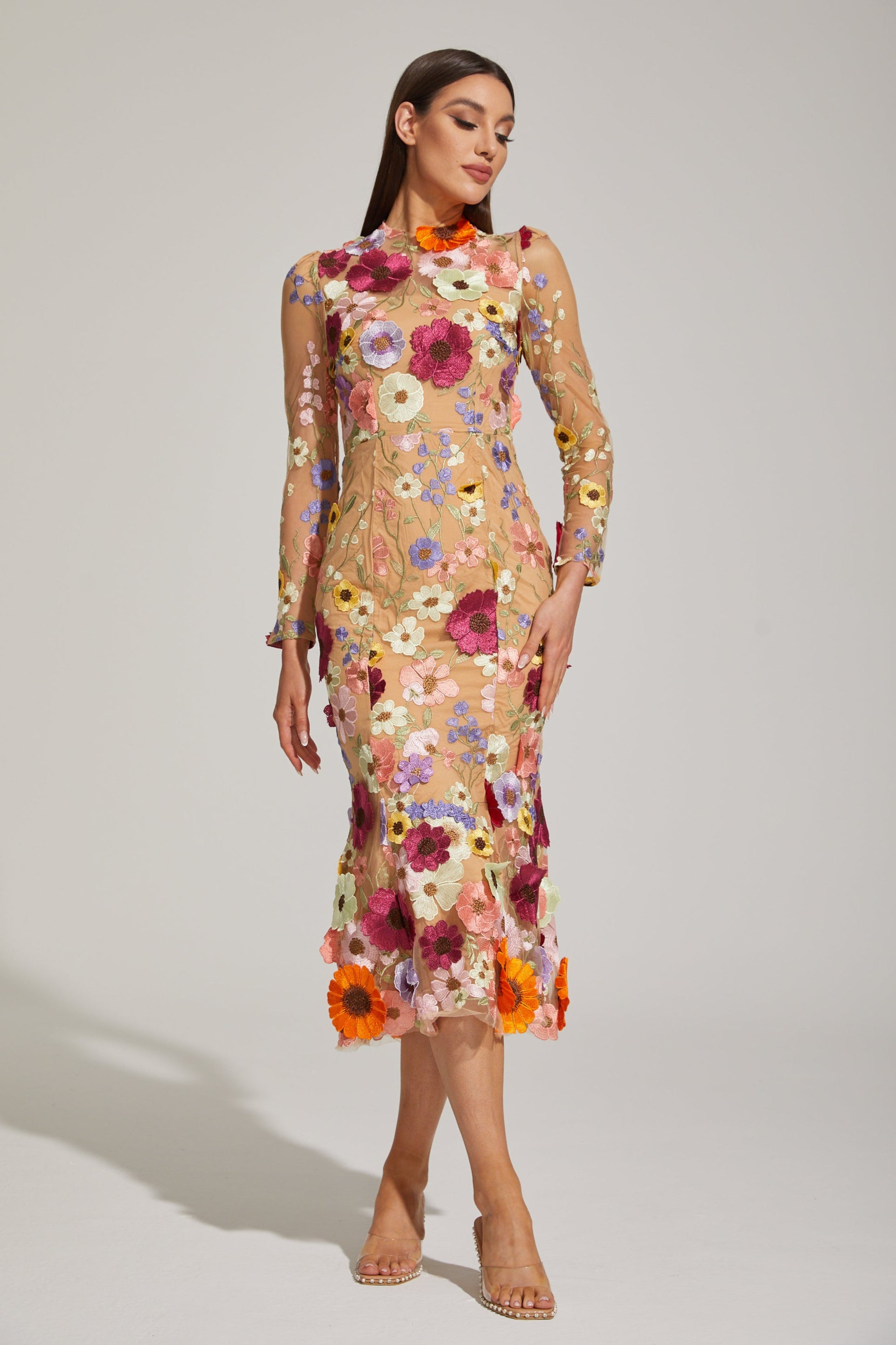 Lilas Enchanted Floral Mesh Midi Dress