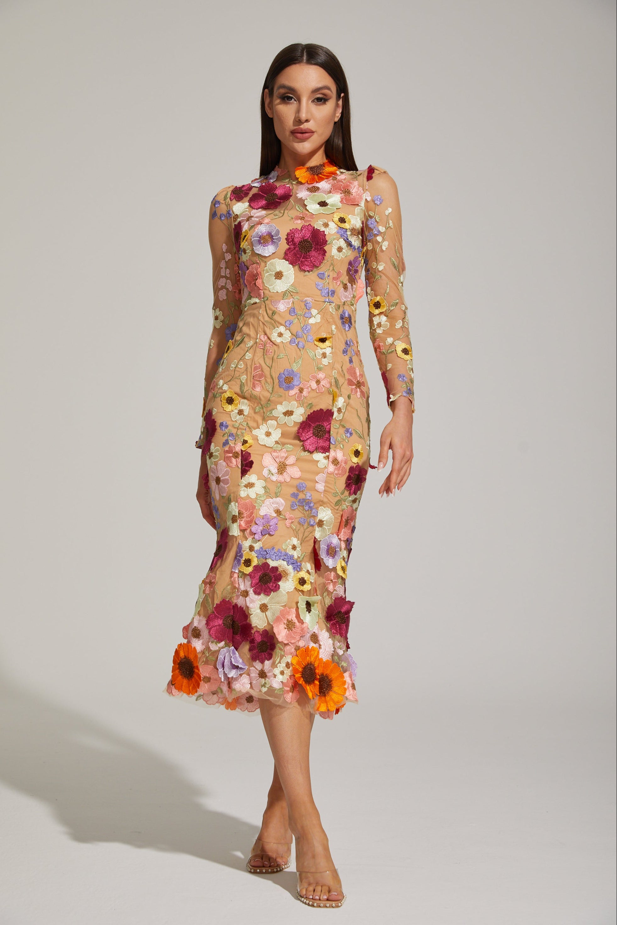 Lilas Enchanted Floral Mesh Midi Dress