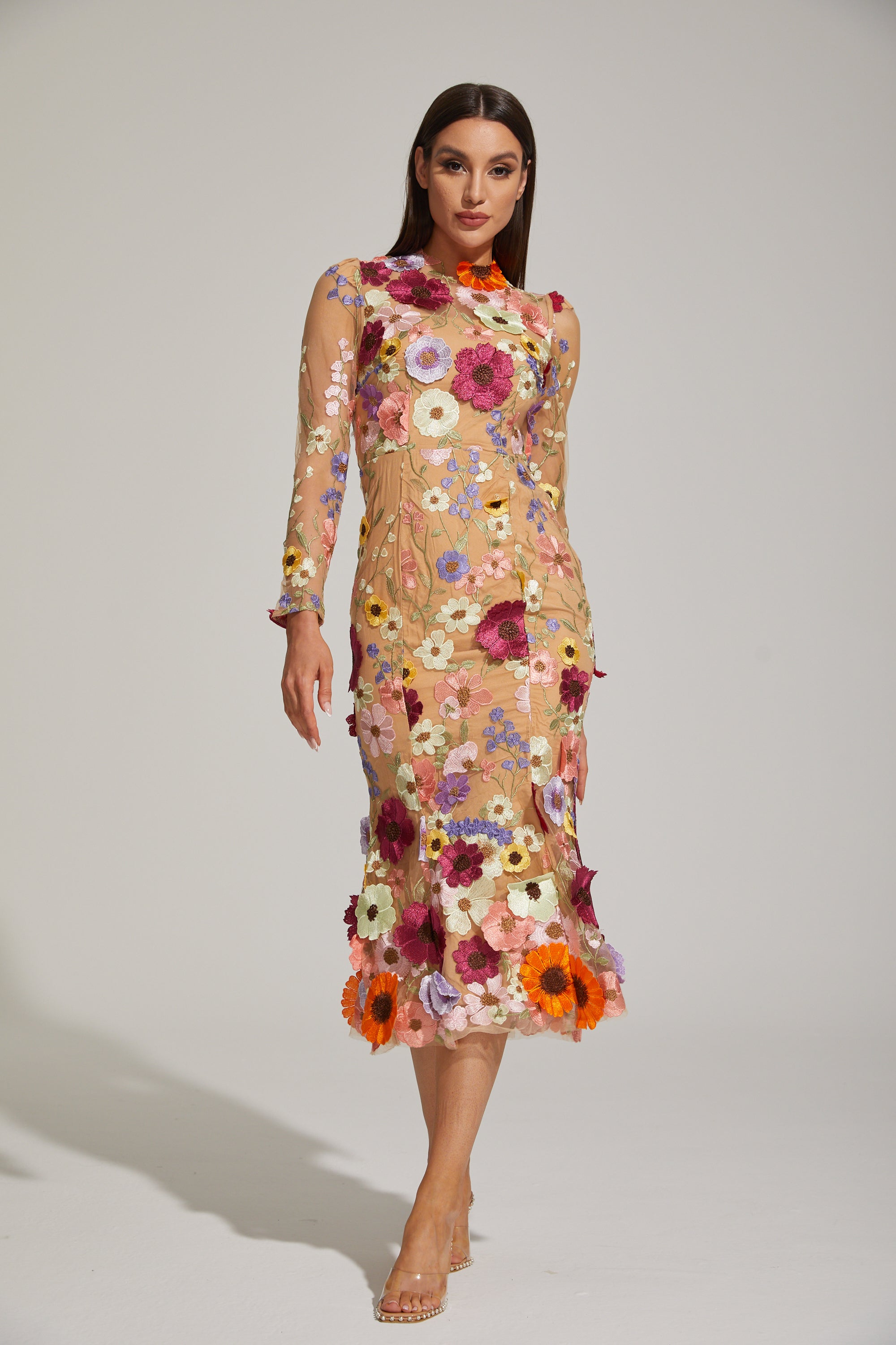 Lilas Enchanted Floral Mesh Midi Dress