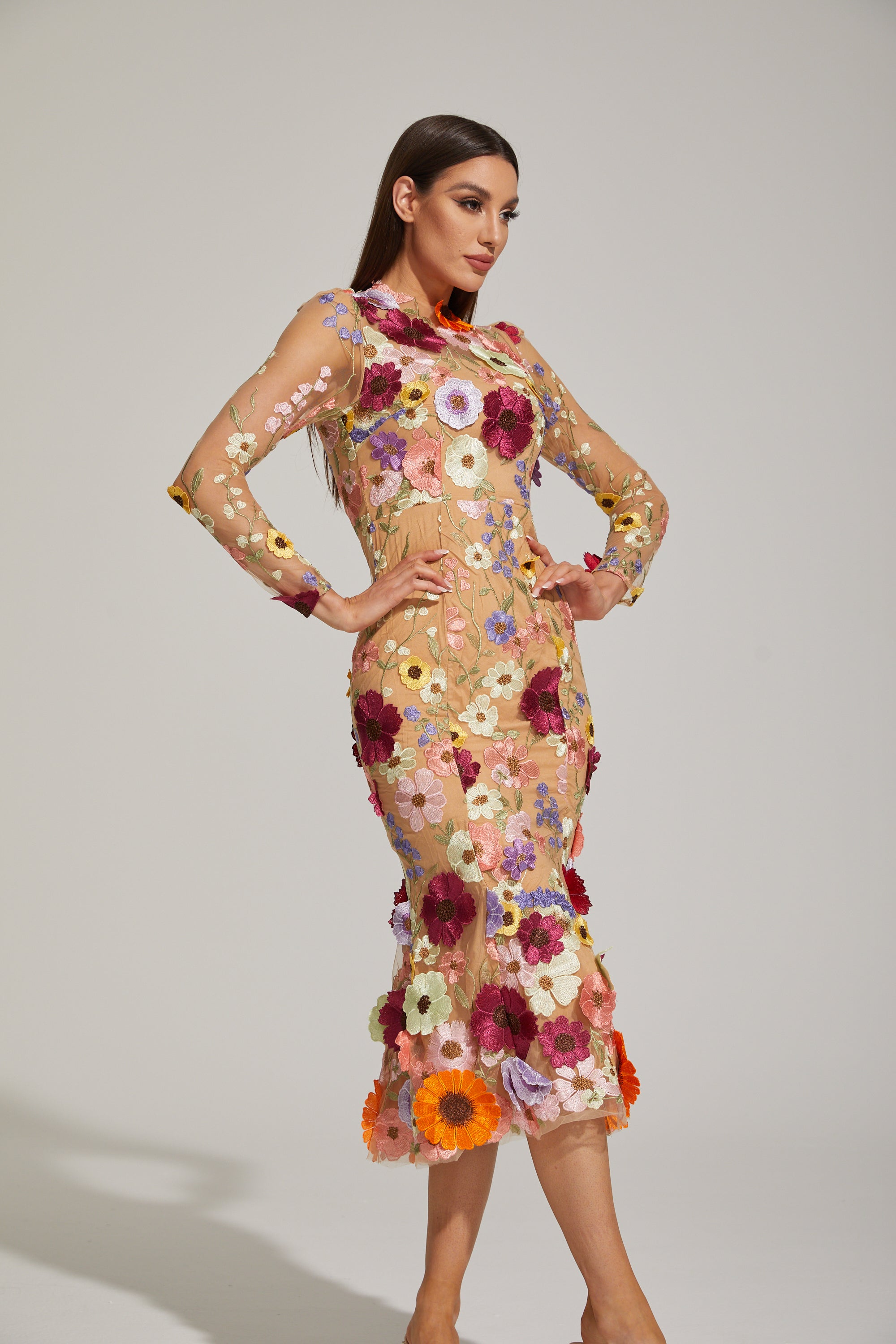 Lilas Enchanted Floral Mesh Midi Dress