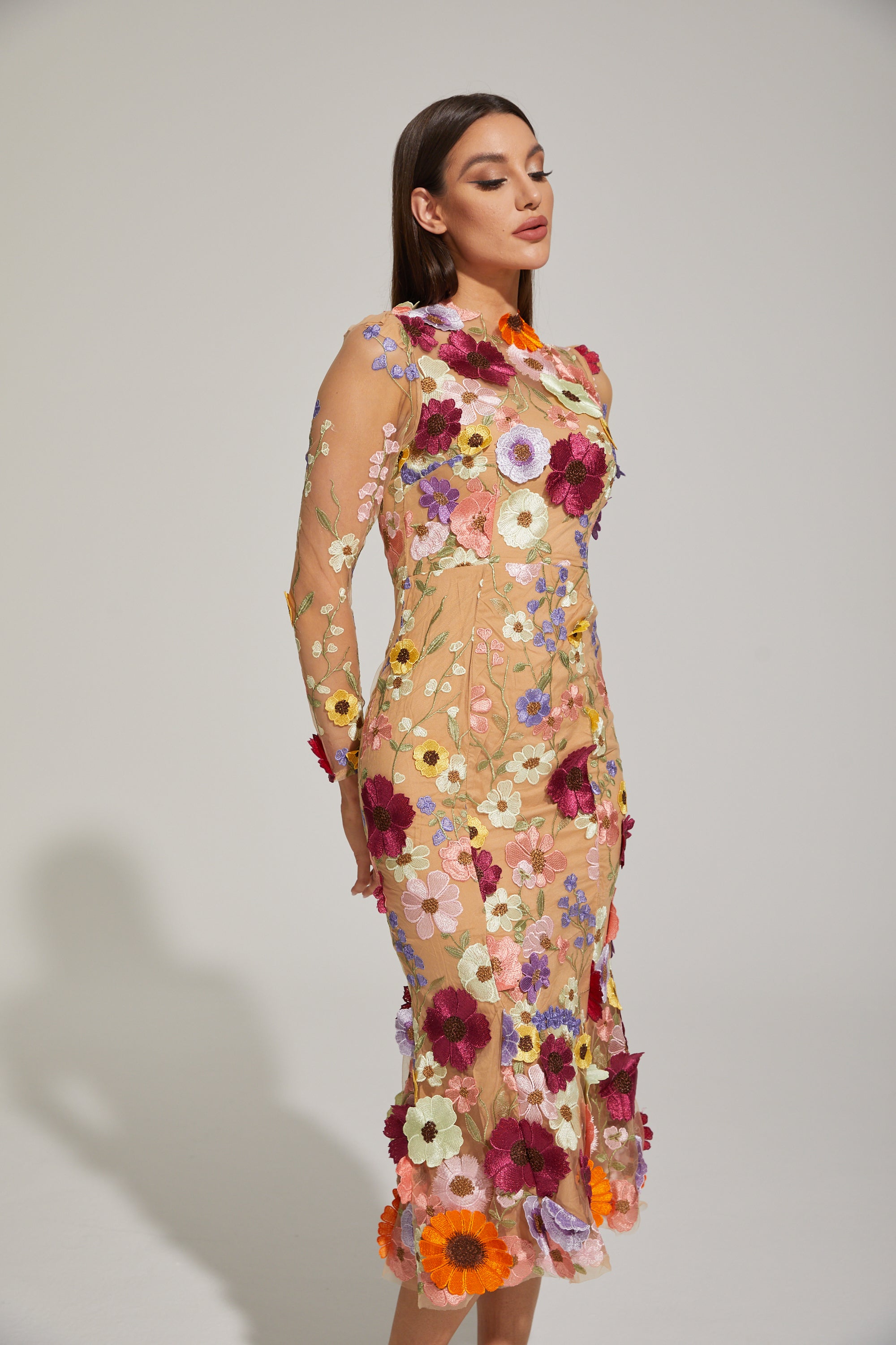 Lilas Enchanted Floral Mesh Midi Dress