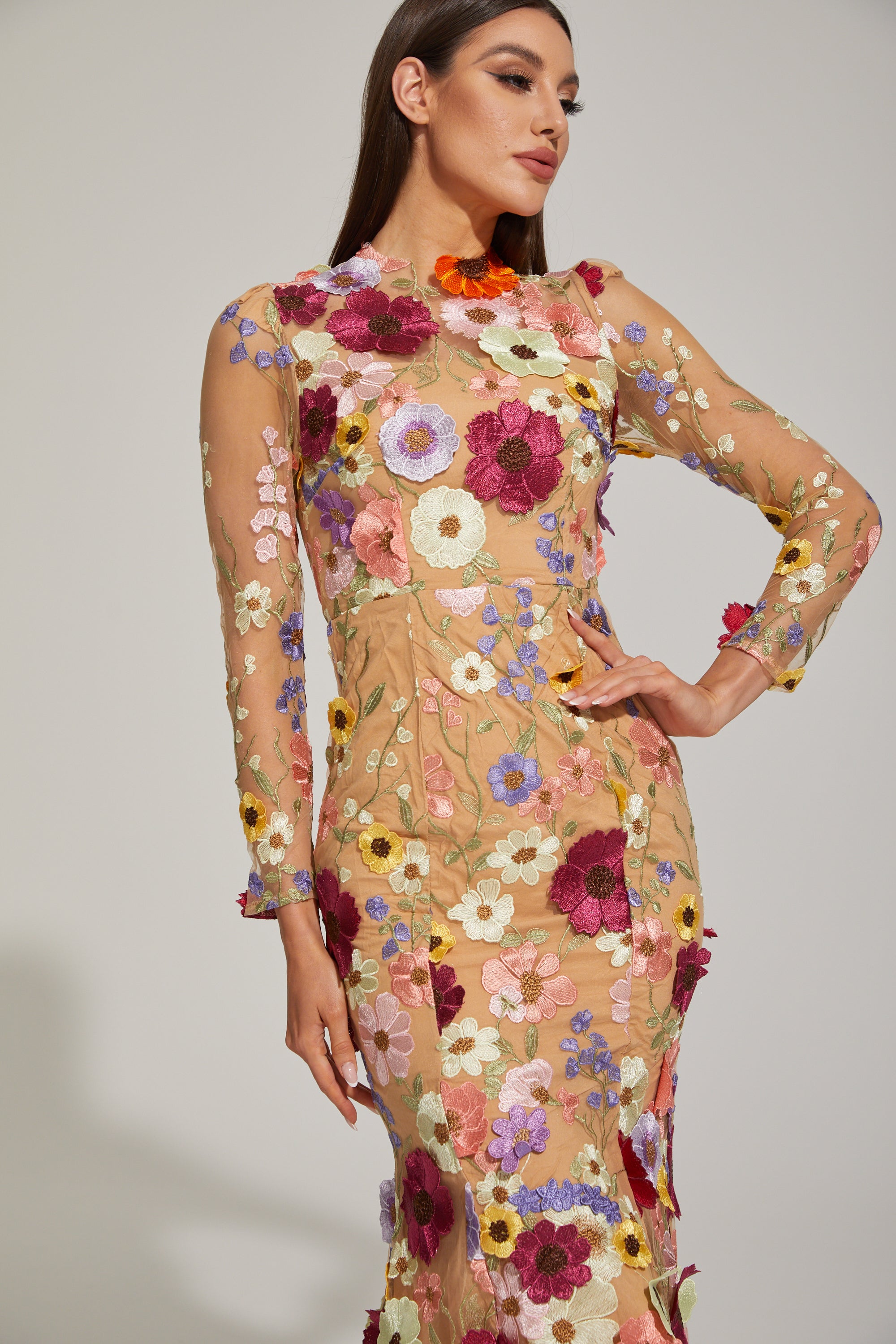 Lilas Enchanted Floral Mesh Midi Dress