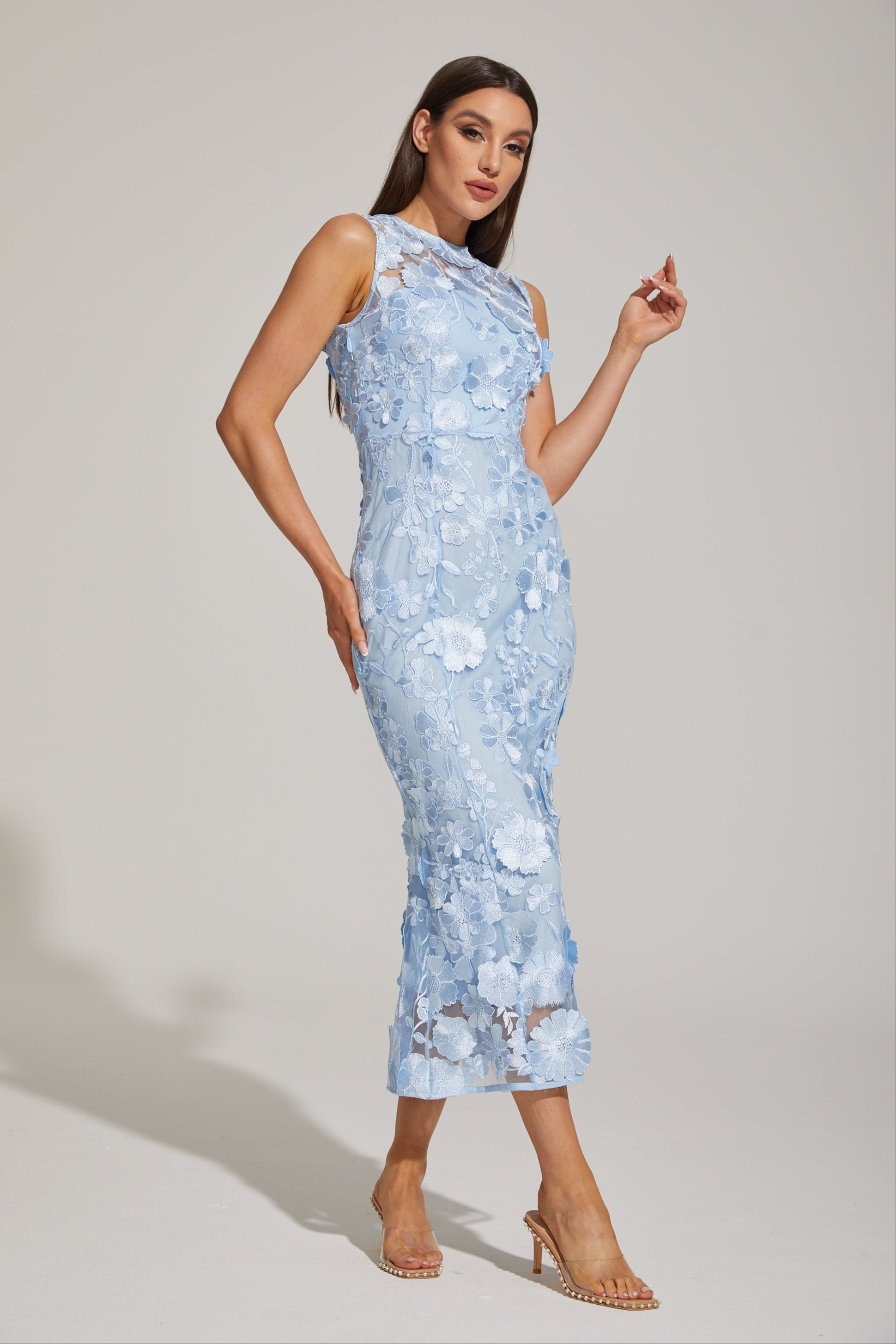 Johanna Blue Floral Lace Midi Dress
