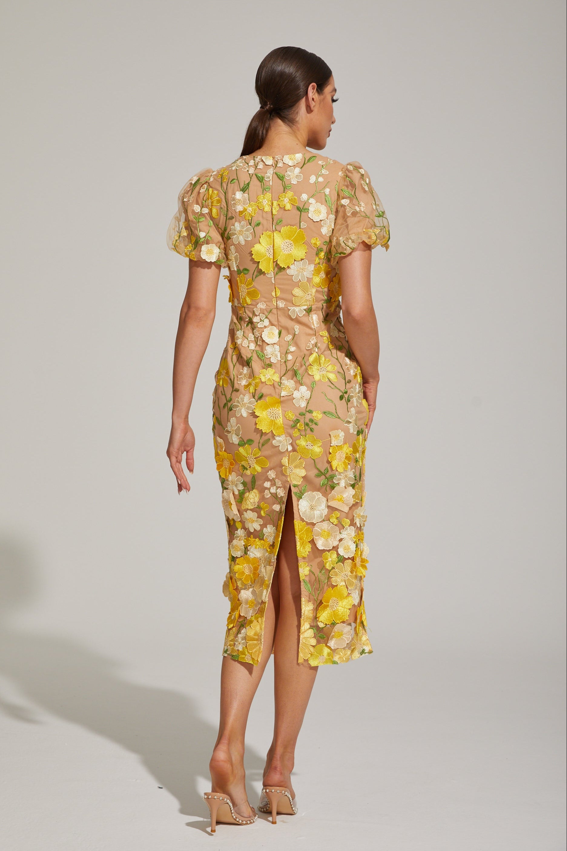 Vivienne Lemon Blossom Mesh Midi Dress