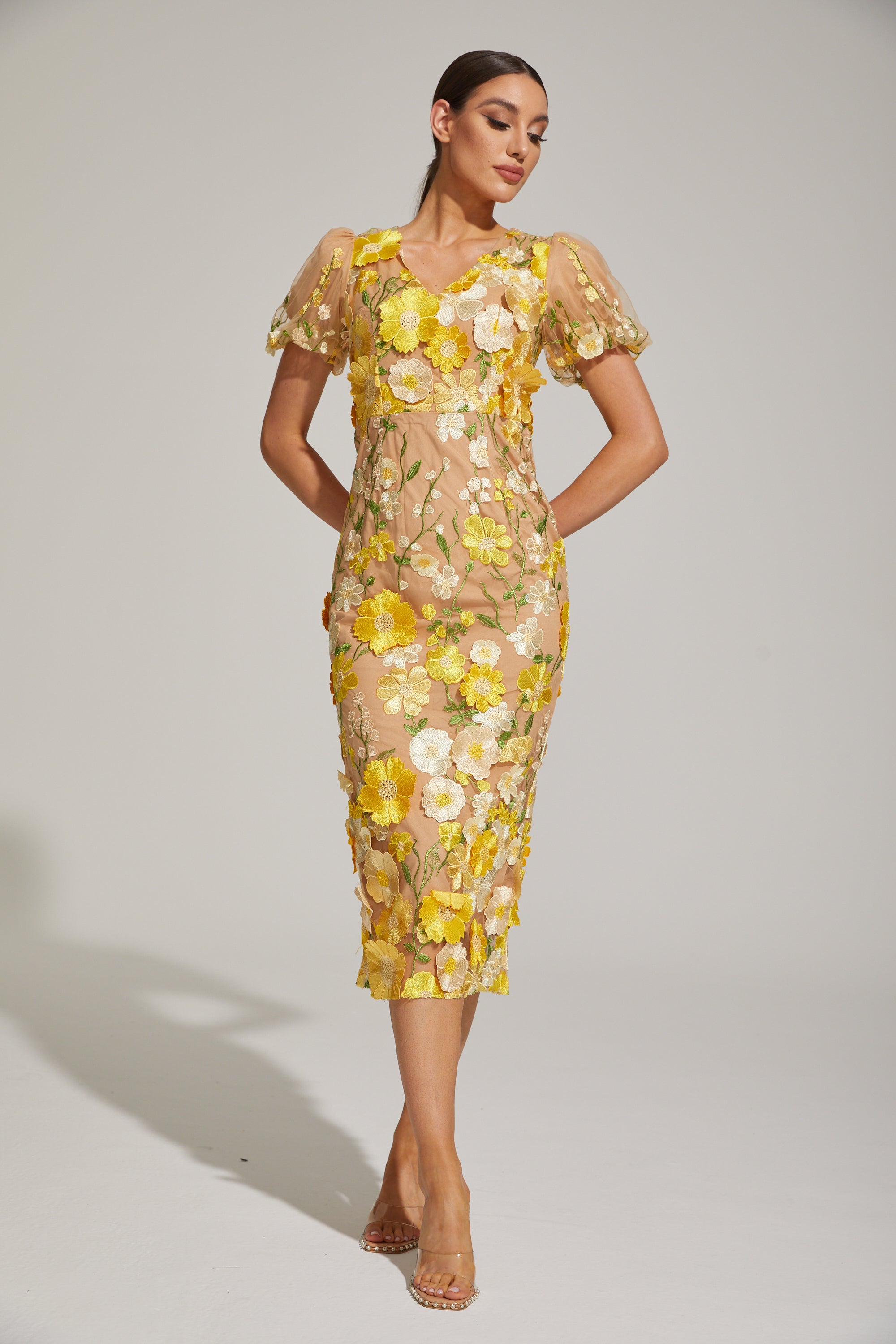 Vivienne Lemon Blossom Mesh Midi Dress