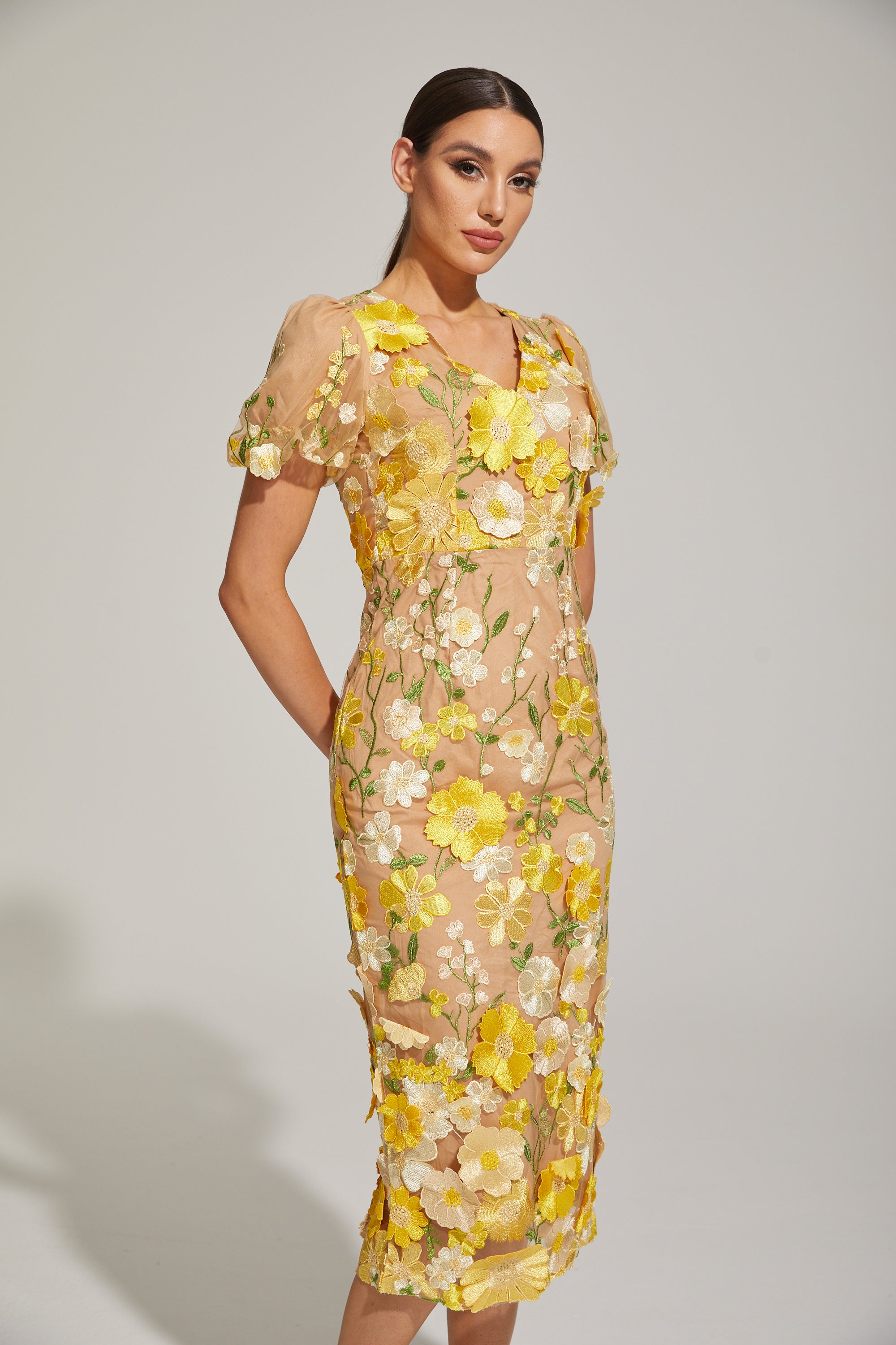 Vivienne Lemon Blossom Mesh Midi Dress