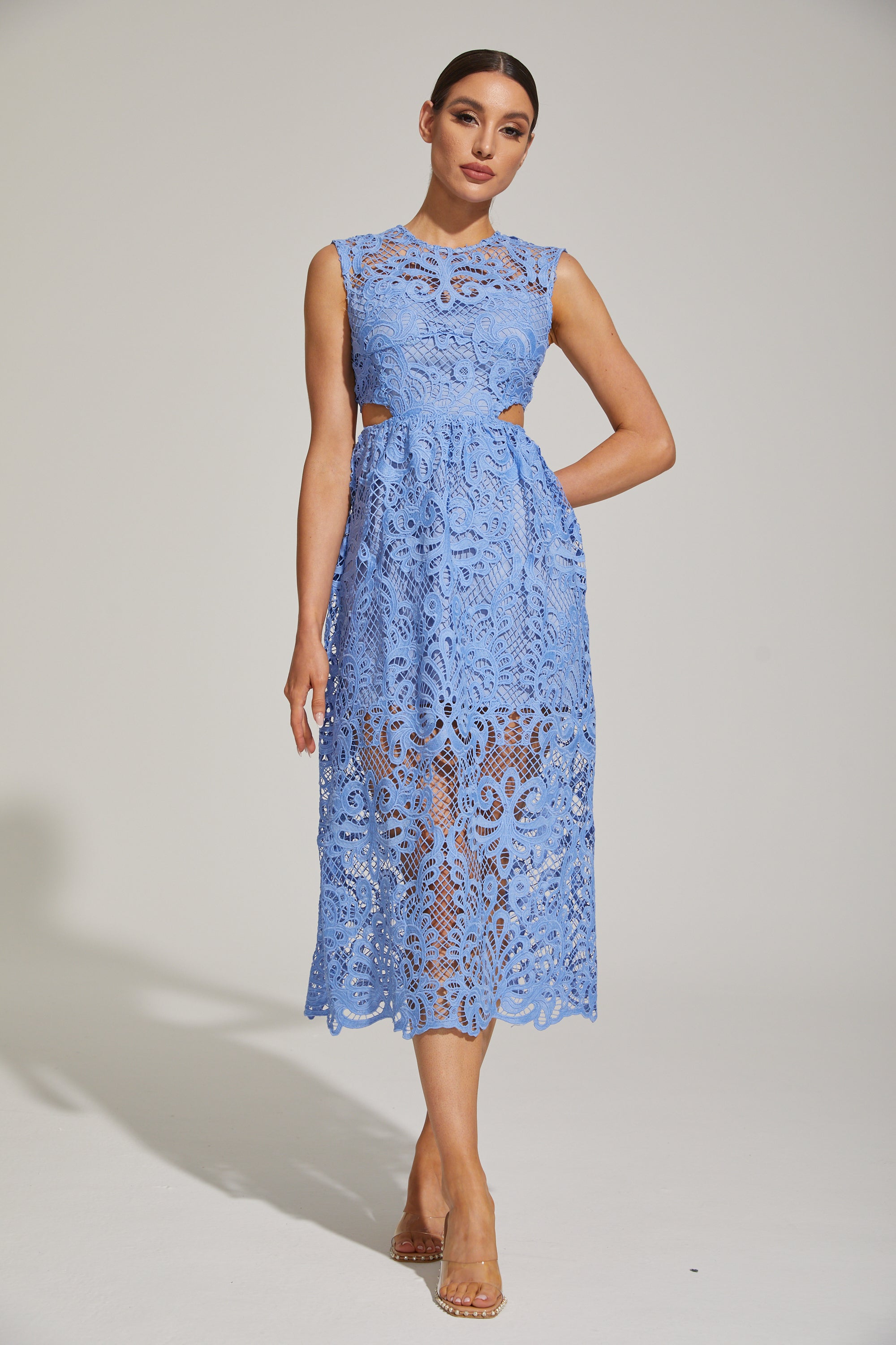 white wedding dress with blue lace Vintage Lace Sky Blue Cap Sleeve Tea Length Wedding Dress Sky Blue main image 1