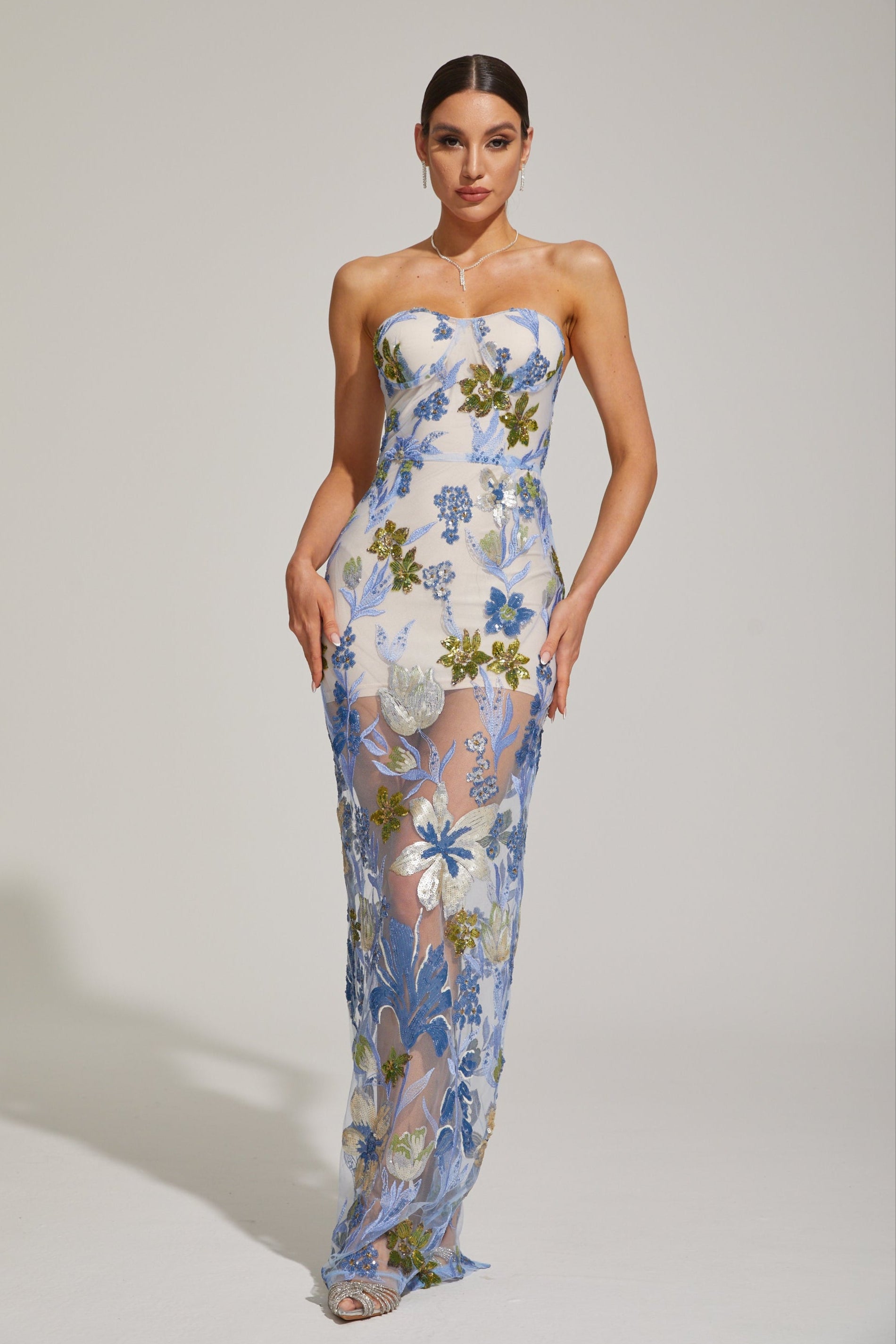 Xandrine Floral Embroidered Strapless Maxi Dress