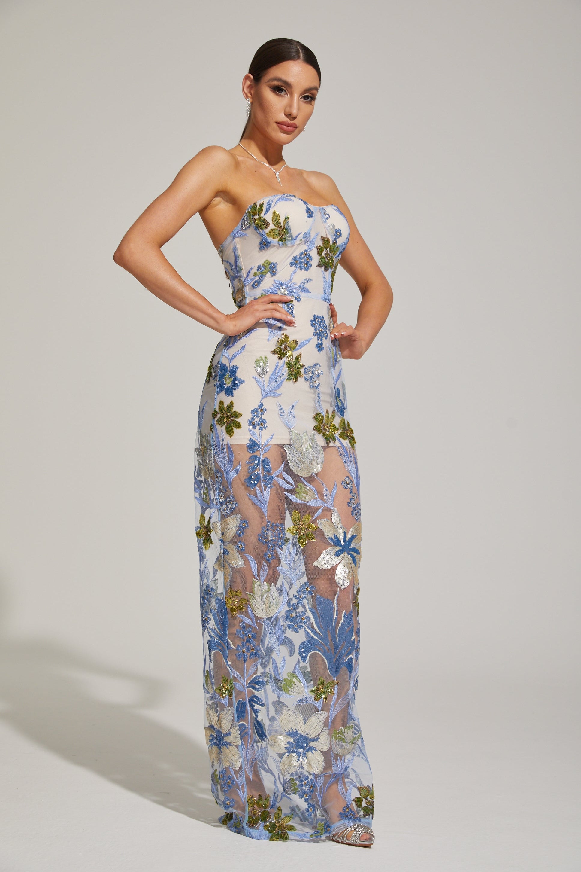 Xandrine Floral Embroidered Strapless Maxi Dress