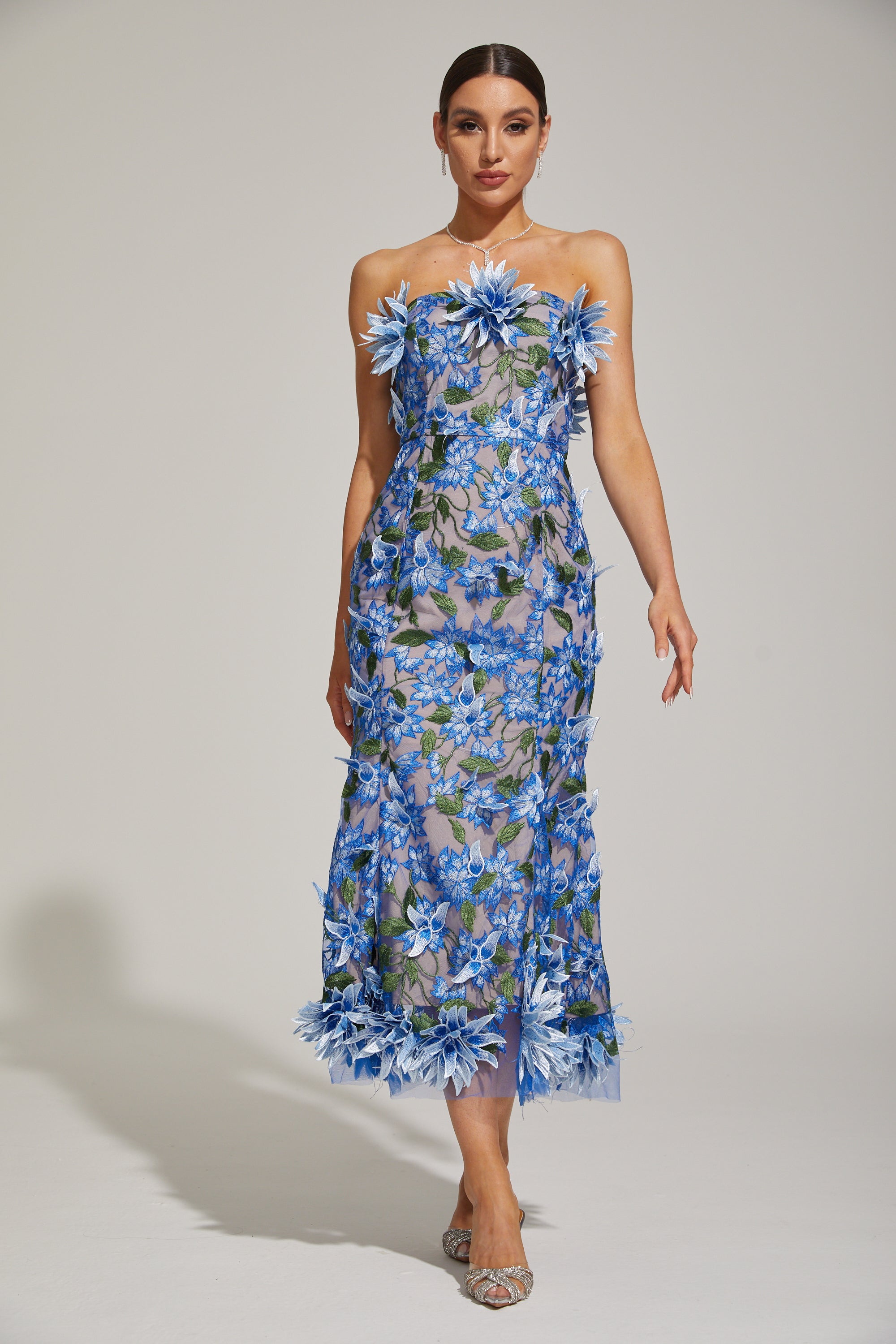 Aitana Azure Floral Strapless Embroidered Midi Dress