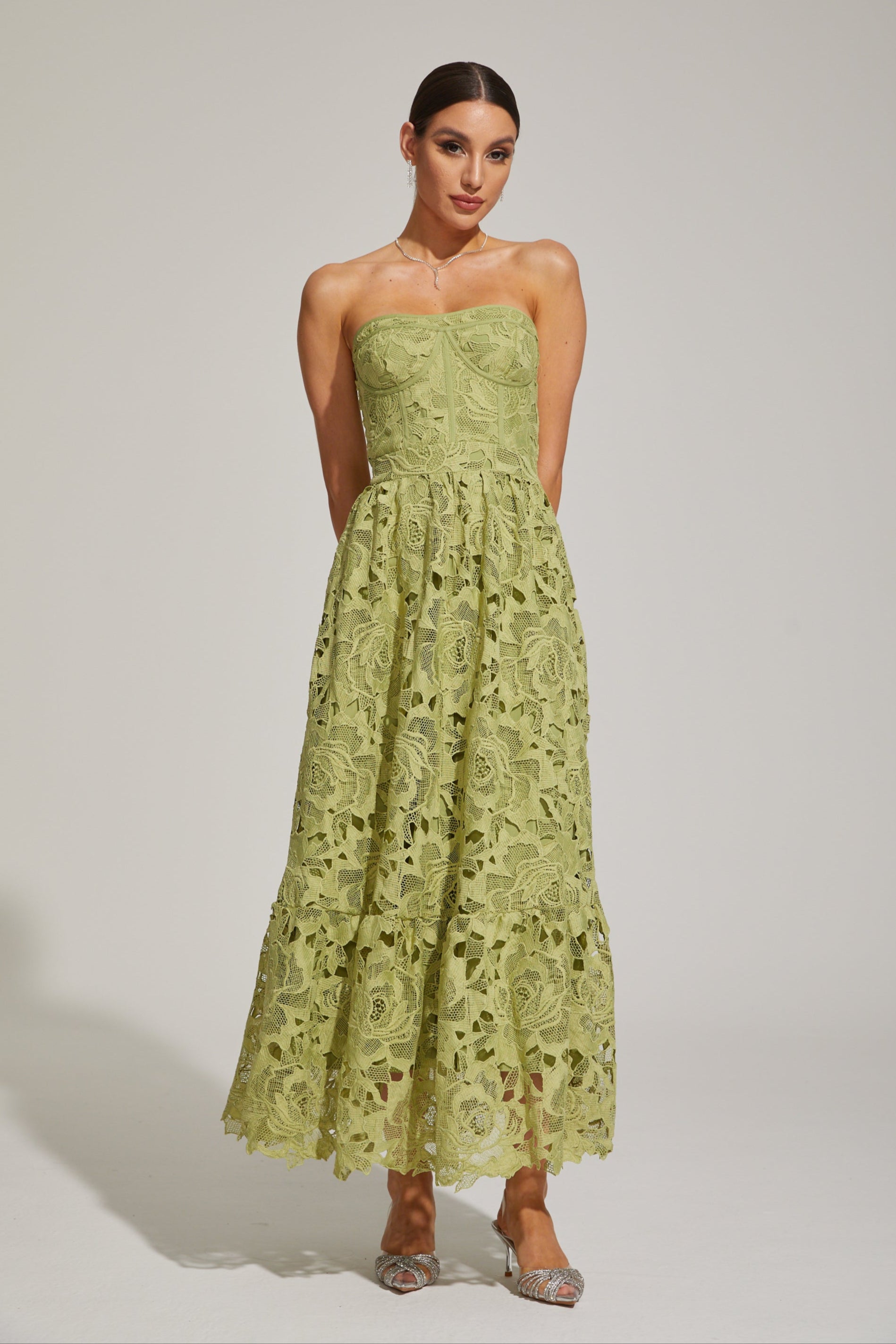 fitted lace wedding dress Gomeza Strapless Cut Out Maxi Dress Dark Green