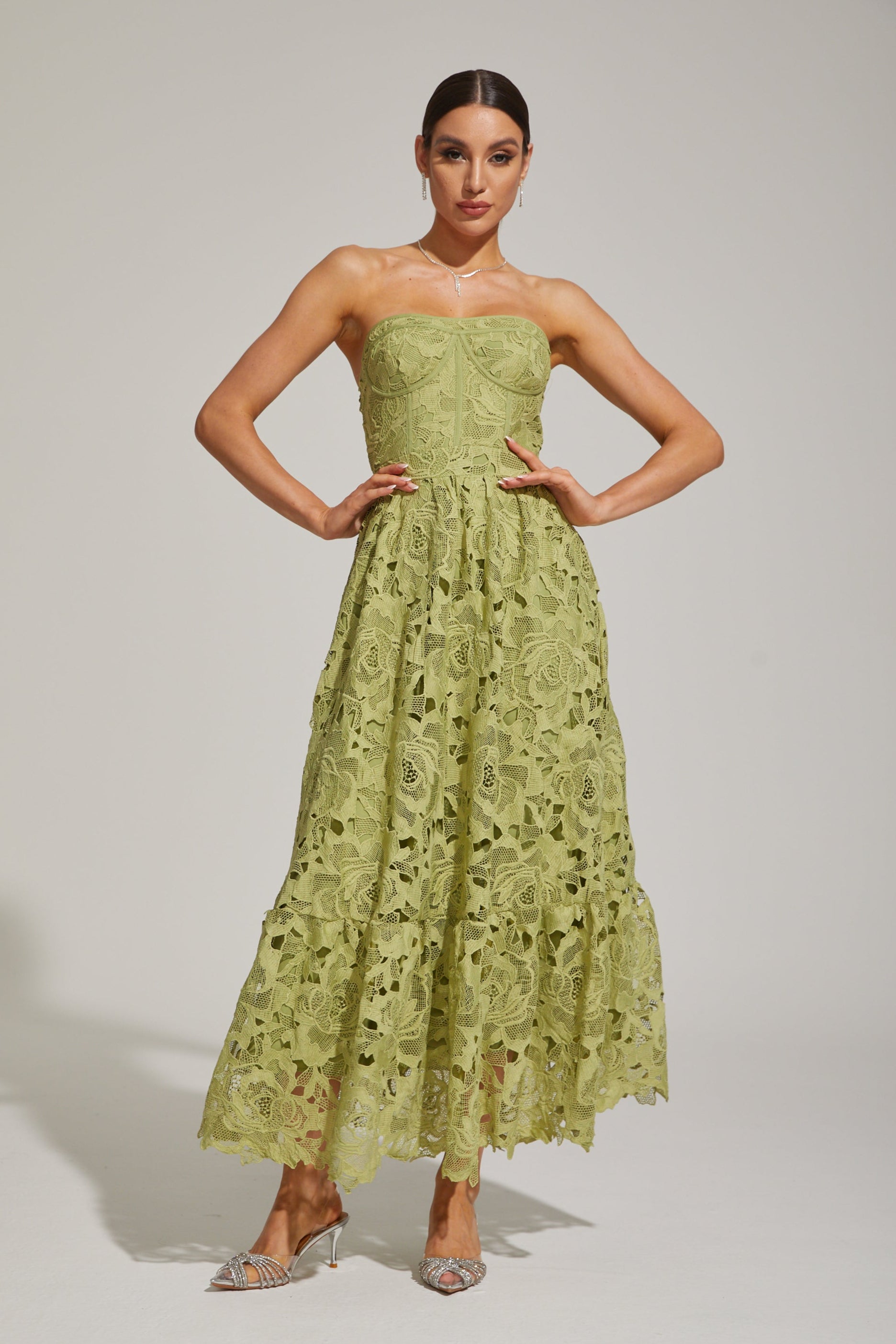 Selene Green Lace Strapless Maxi Dress