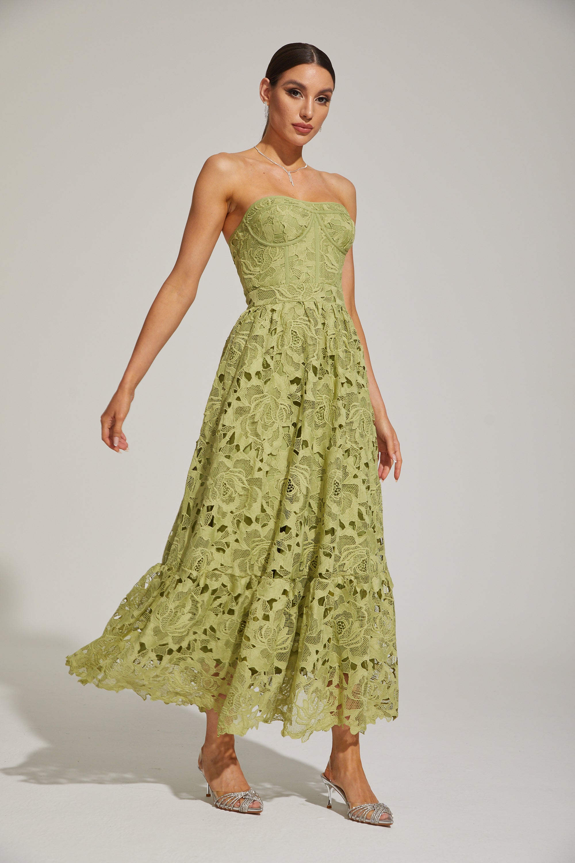 Selene Green Lace Strapless Maxi Dress
