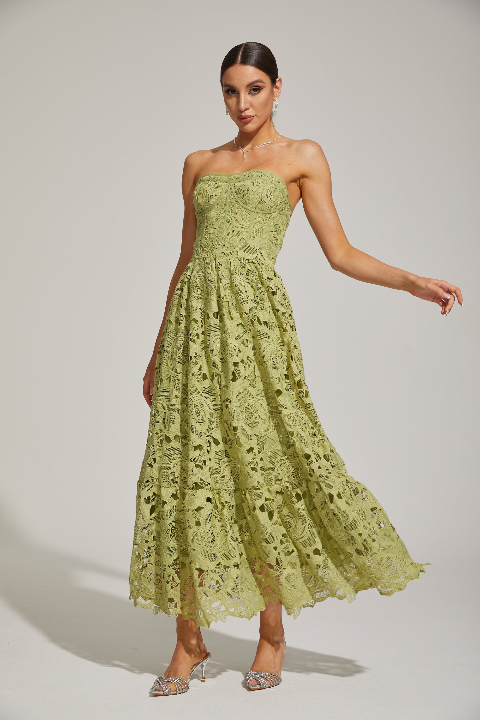 Selene Green Lace Strapless Maxi Dress