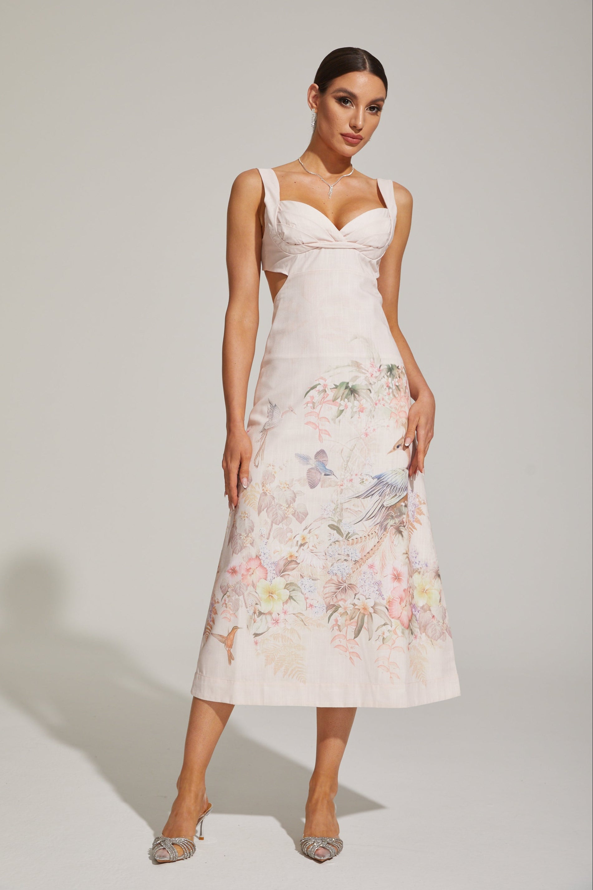 Apollonia Pastel Floral Sweetheart Midi Dress