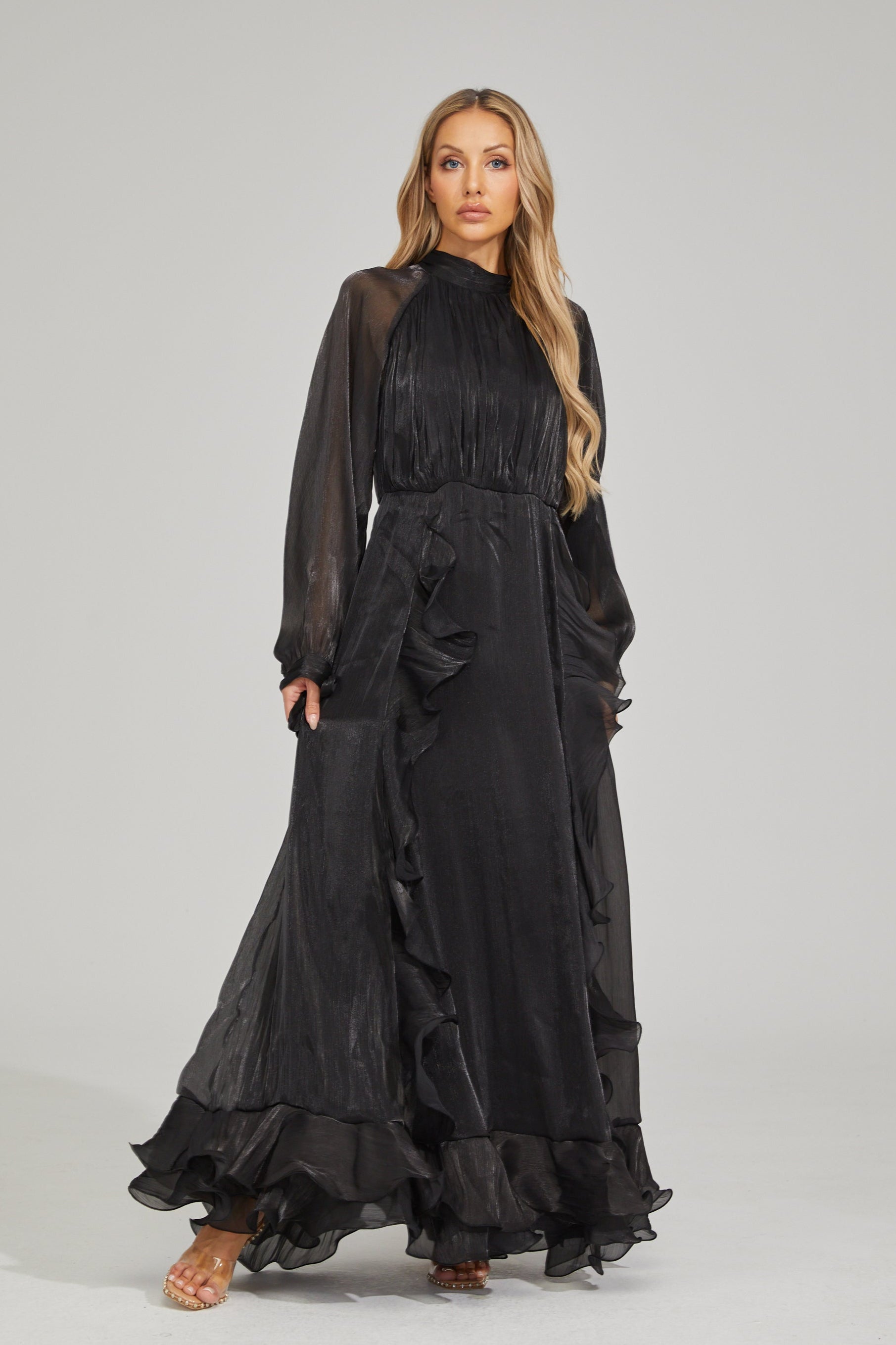 Zinovia Noir Ruffle Maxi Dress