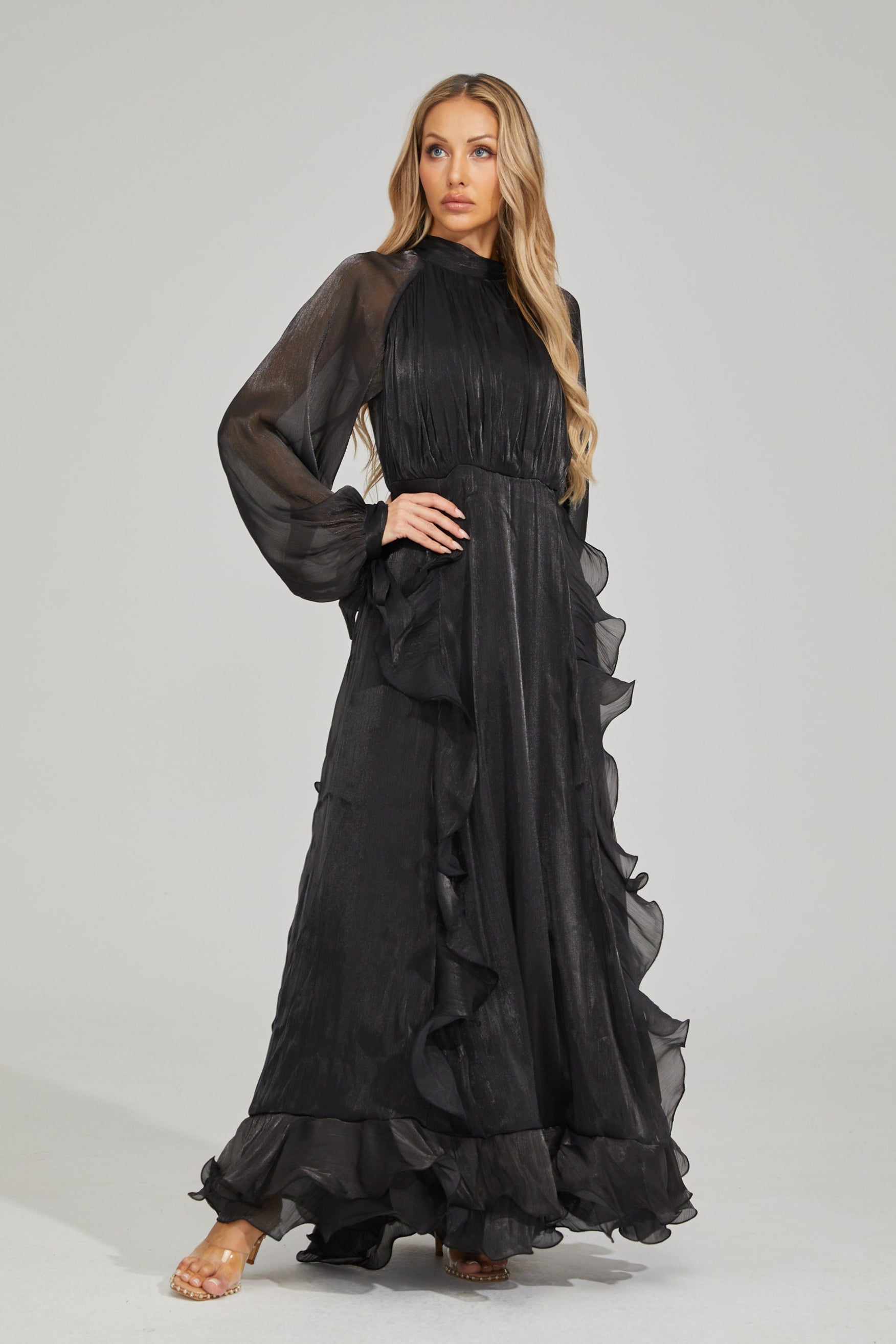 Zinovia Noir Ruffle Maxi Dress