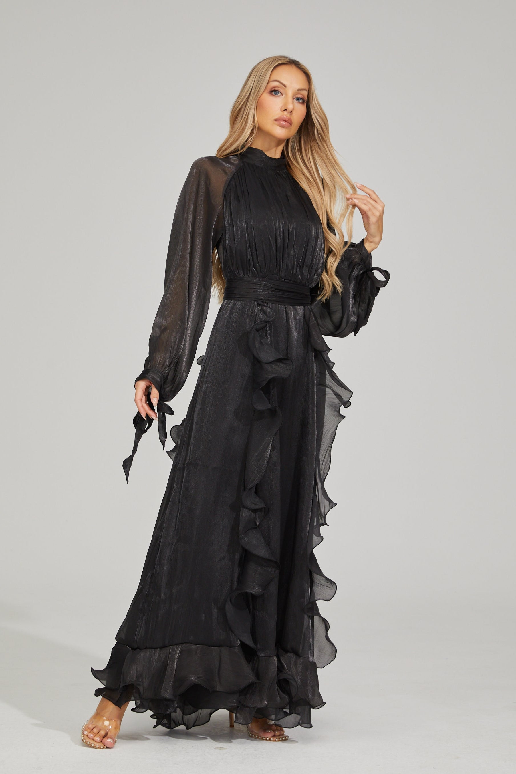 Zinovia Noir Ruffle Maxi Dress