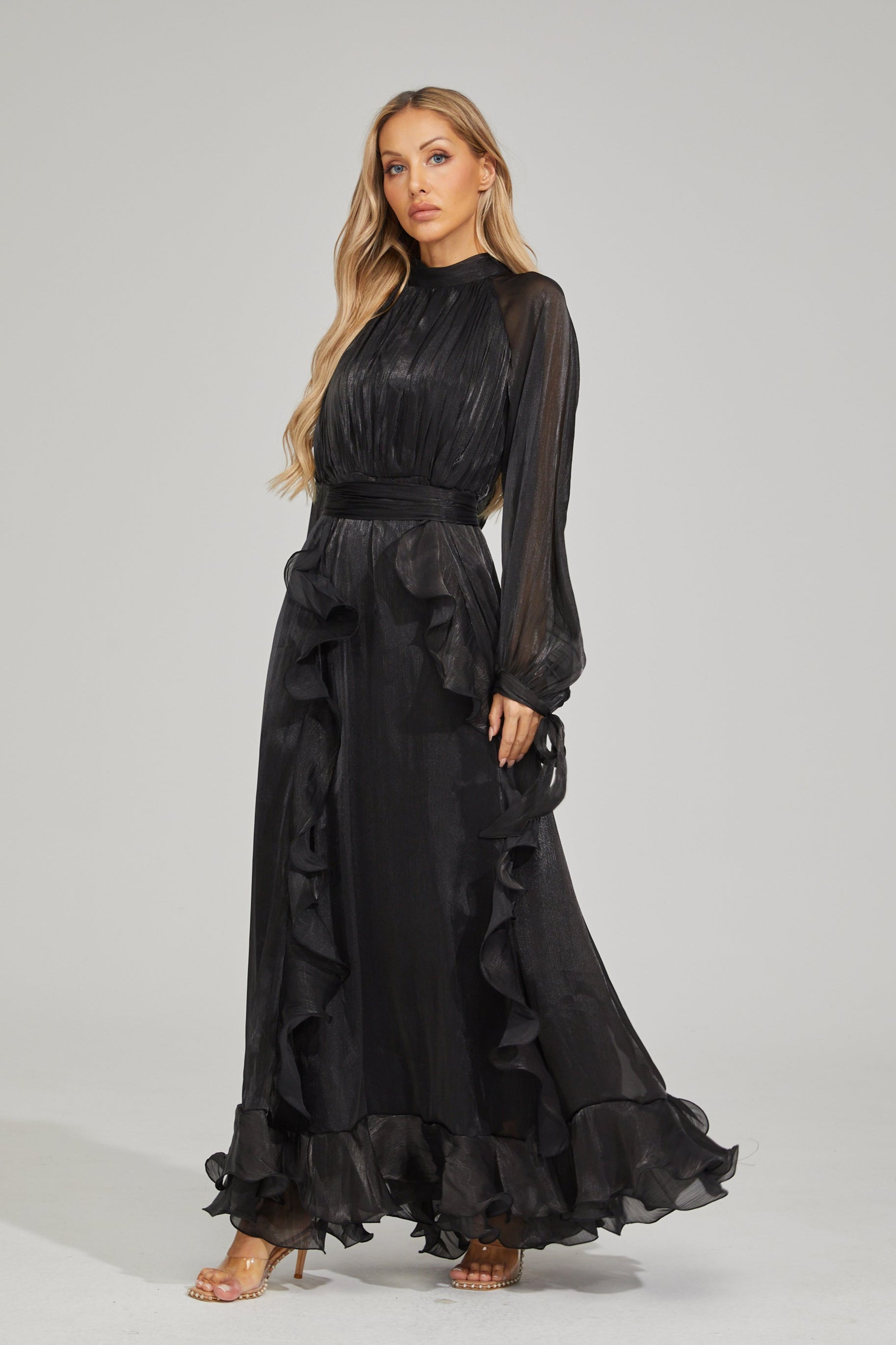 Zinovia Noir Ruffle Maxi Dress