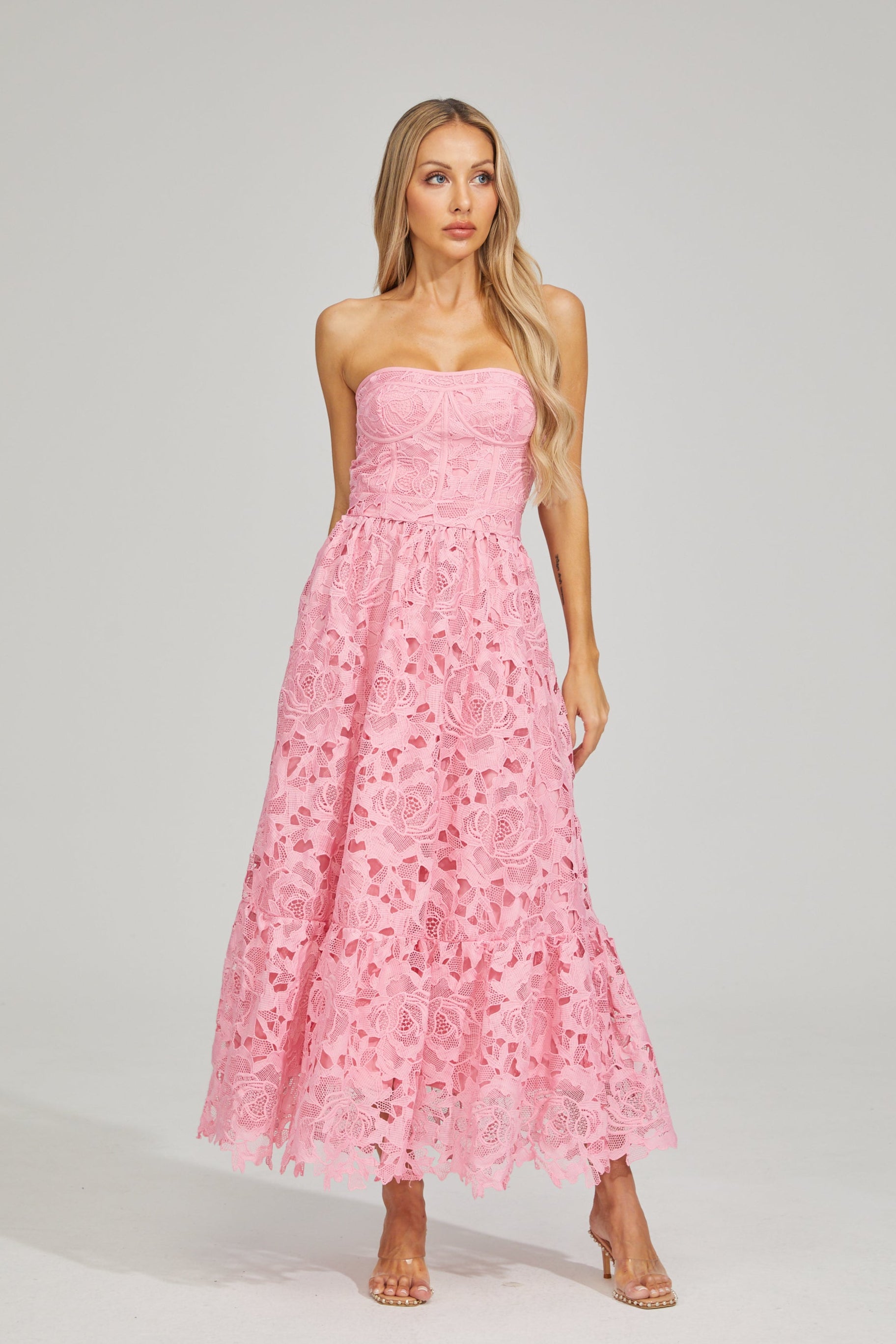 Selene Rosalie Lace Strapless Midi Dress