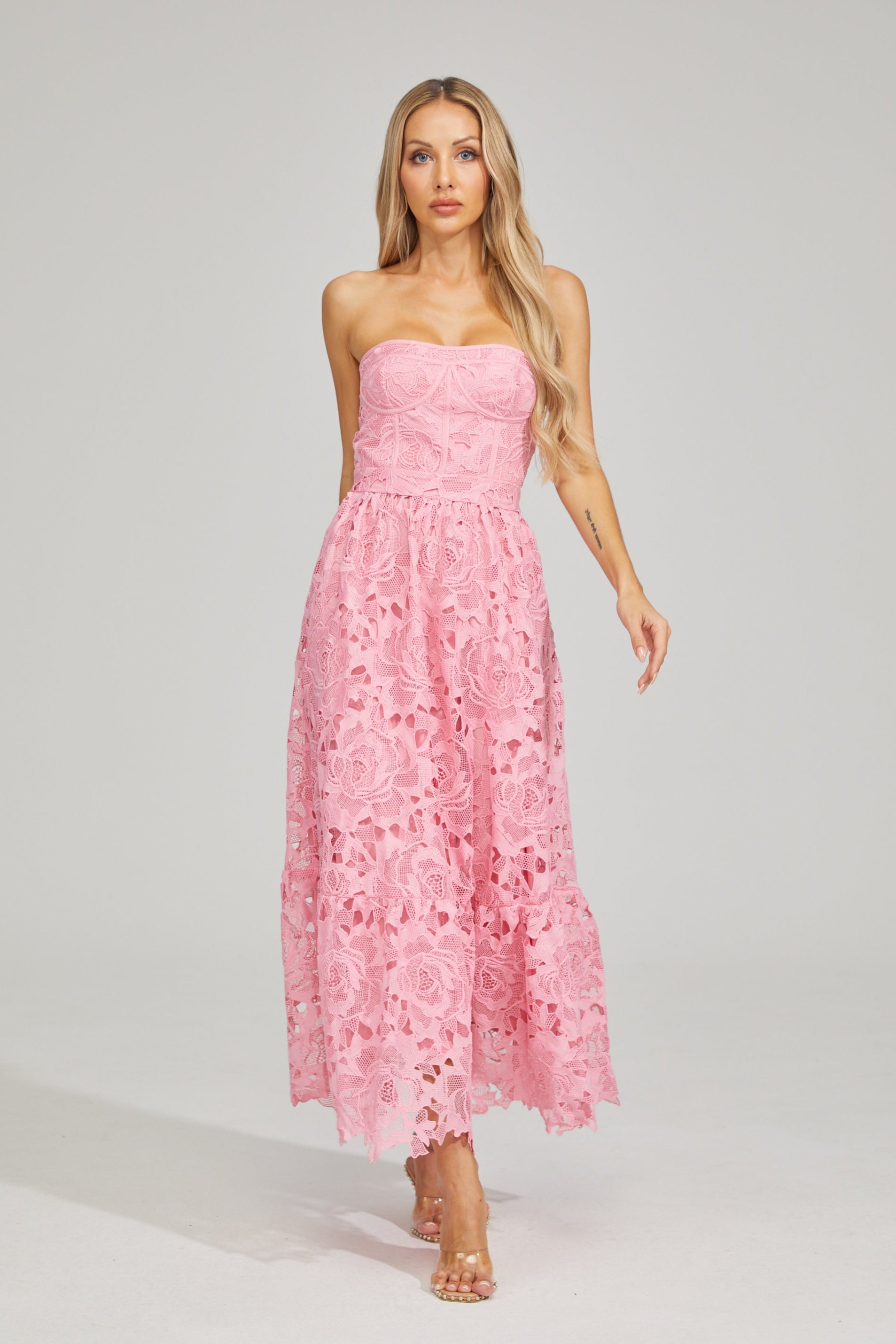 Selene Rosalie Lace Strapless Midi Dress