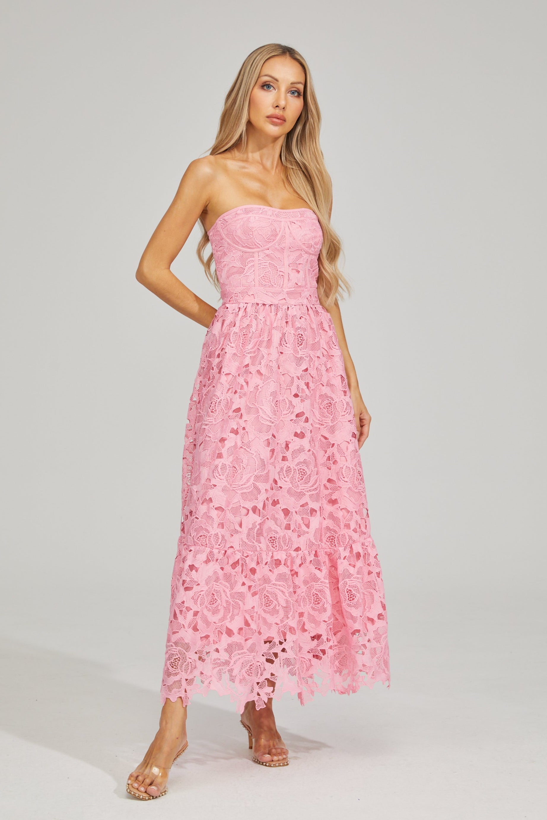 Selene Rosalie Lace Strapless Midi Dress