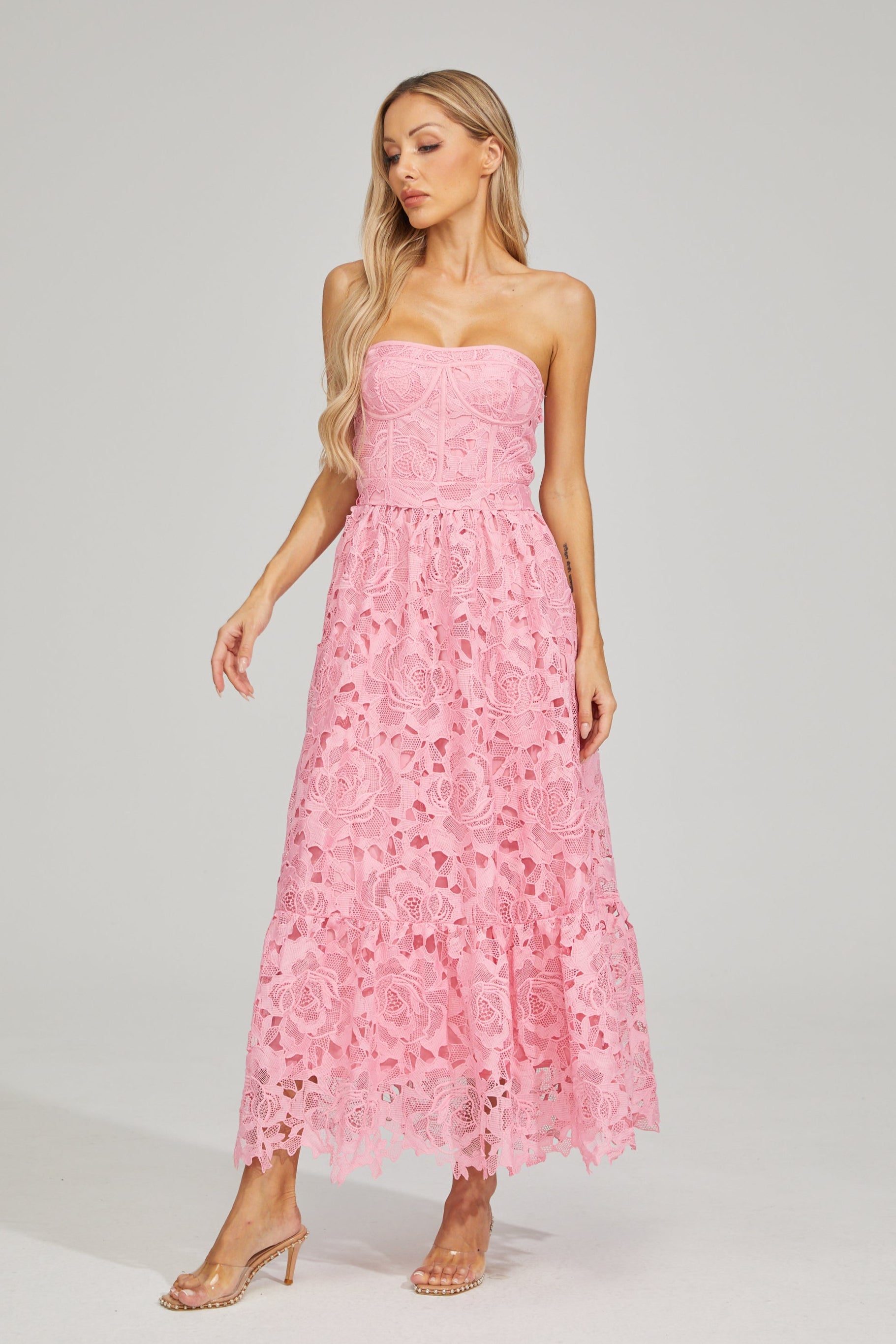 Selene Rosalie Lace Strapless Midi Dress