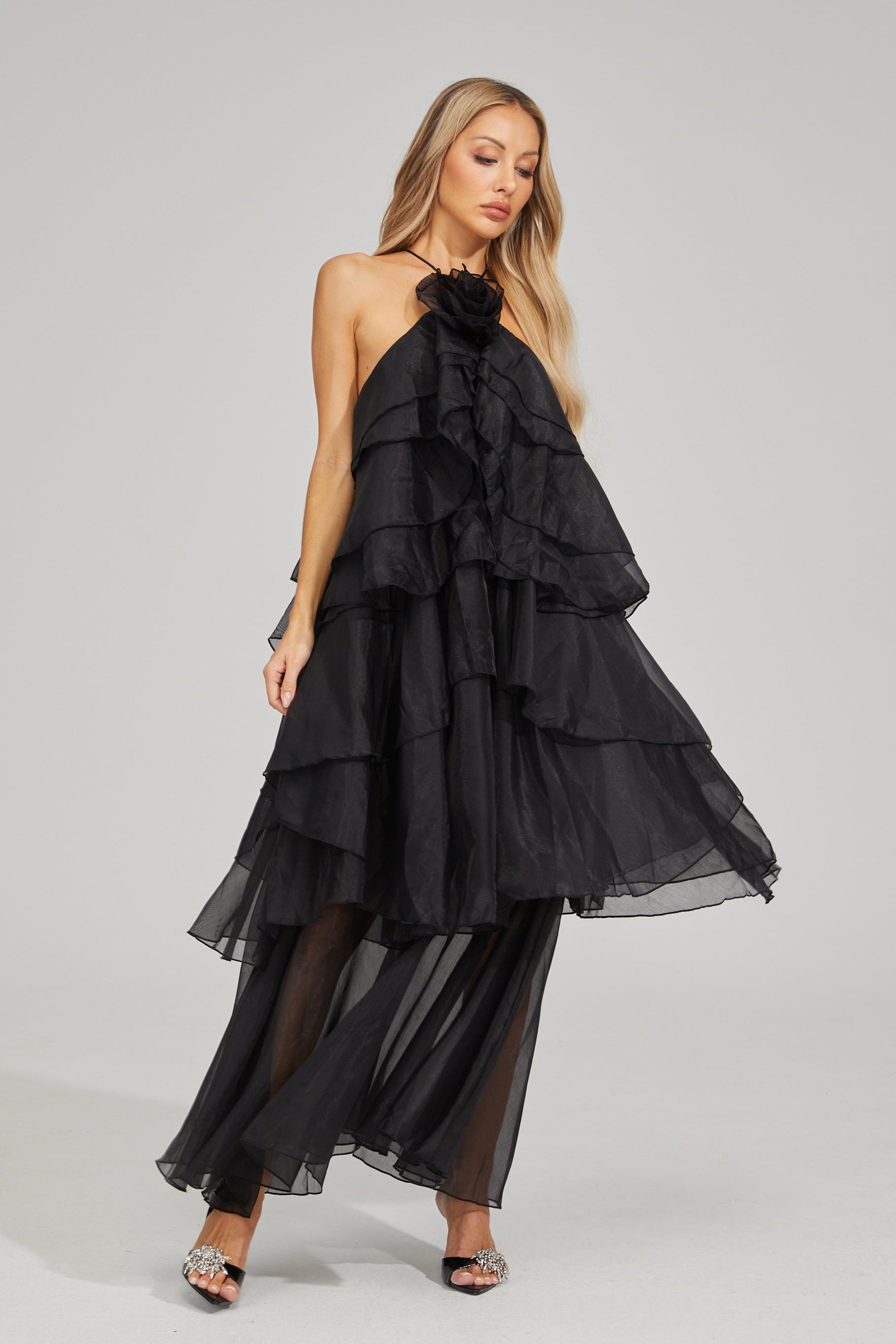Behati Noir Cascade Ruffle Maxi Dress