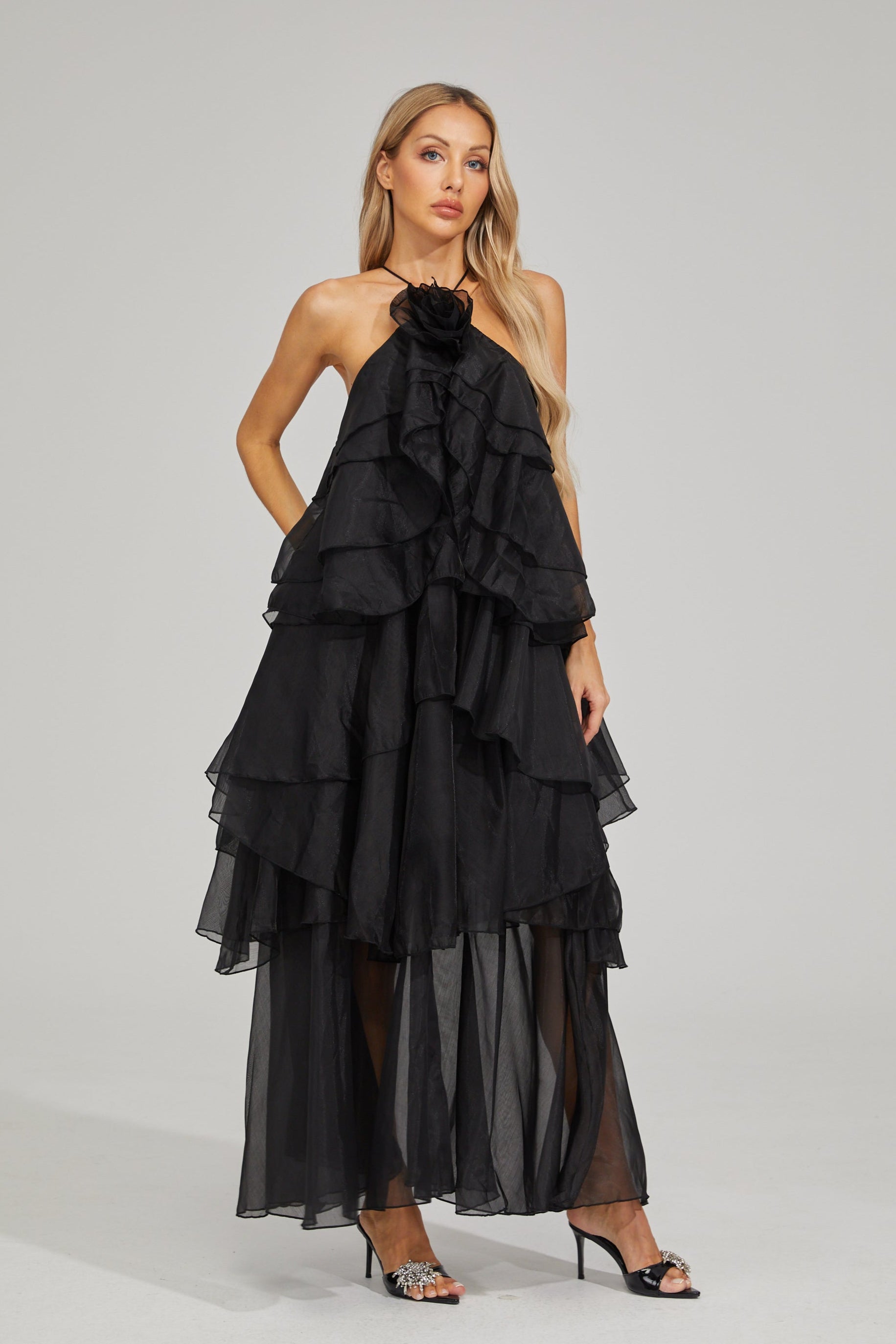 Behati Noir Cascade Ruffle Maxi Dress