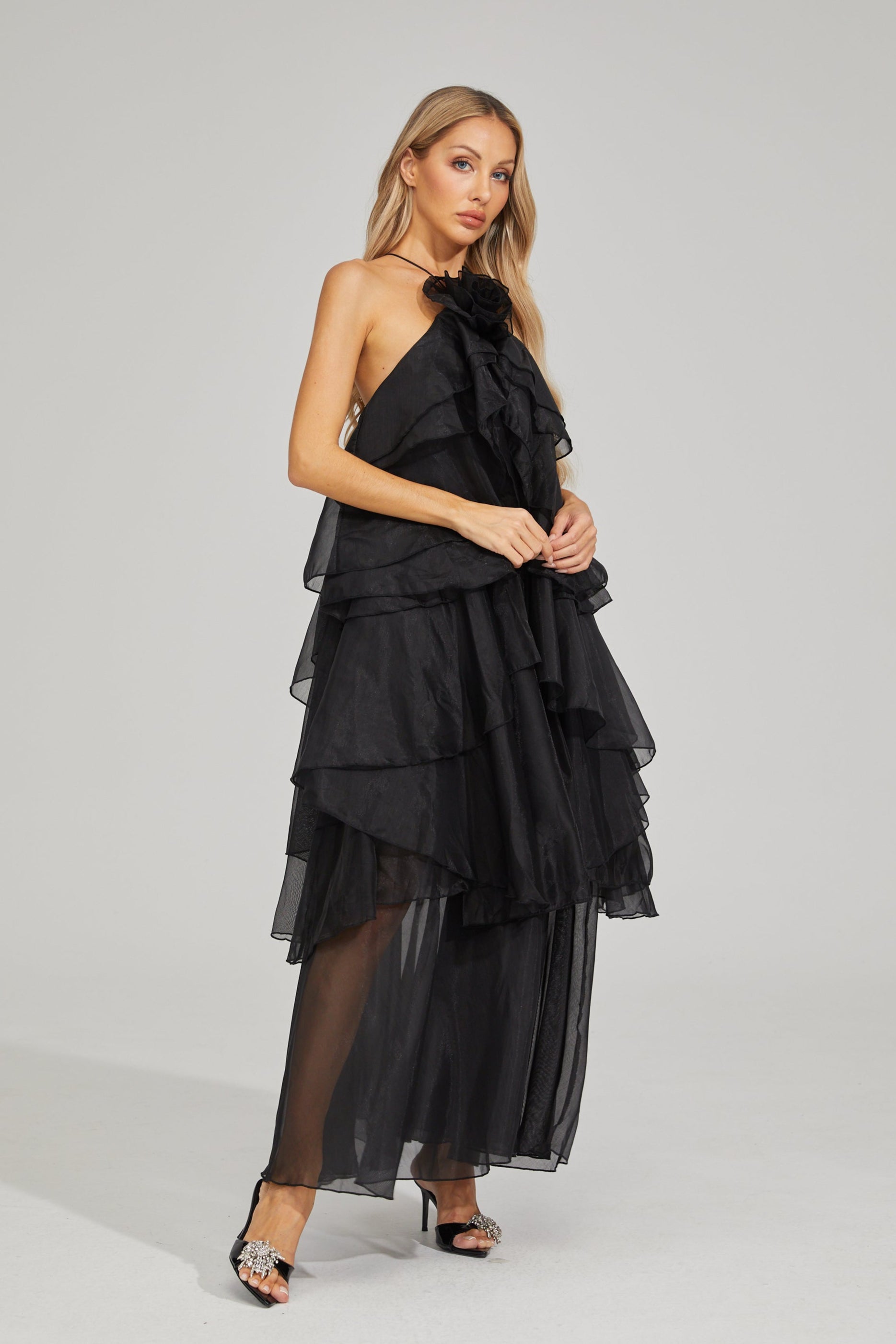 Behati Noir Cascade Ruffle Maxi Dress