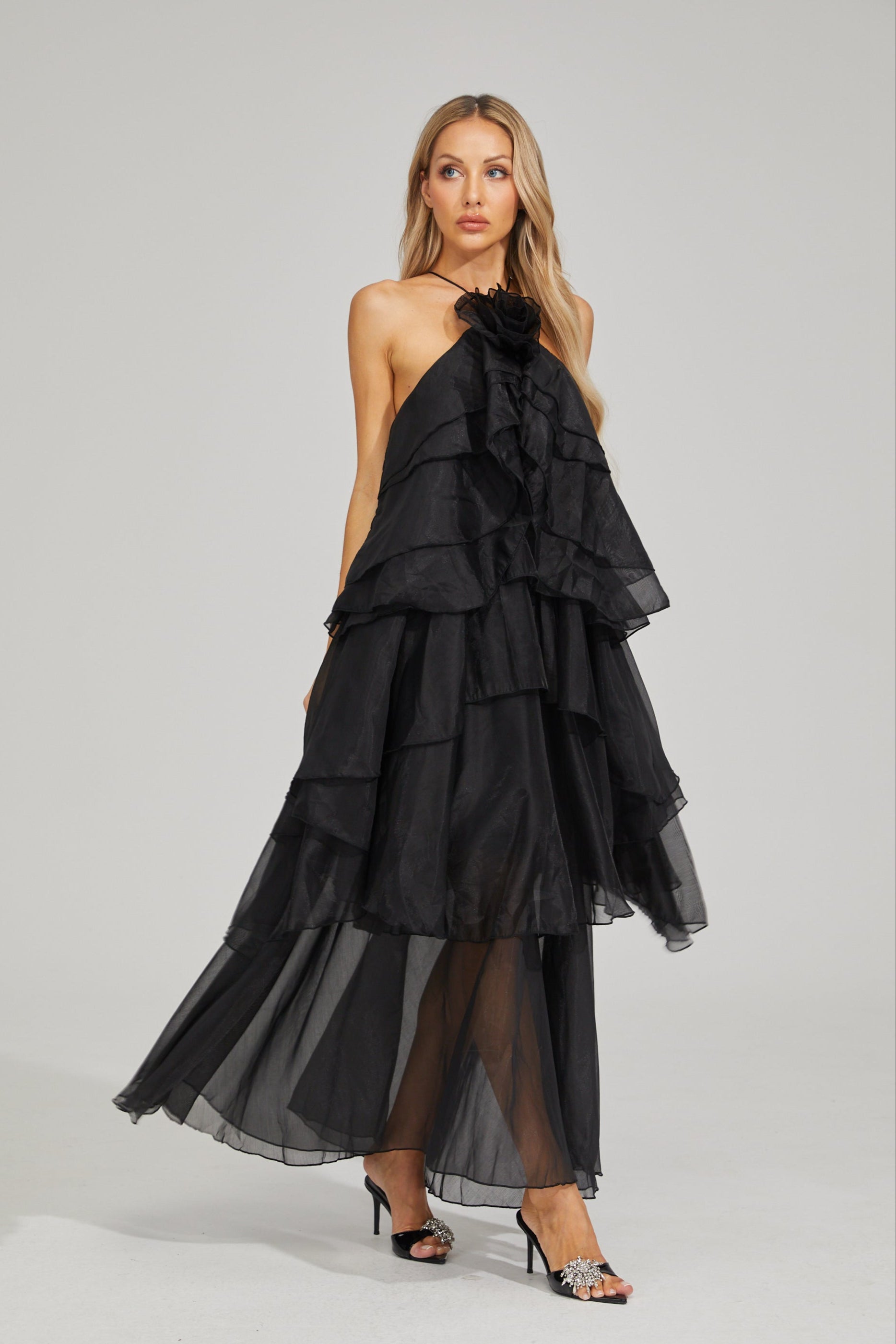 Behati Noir Cascade Ruffle Maxi Dress