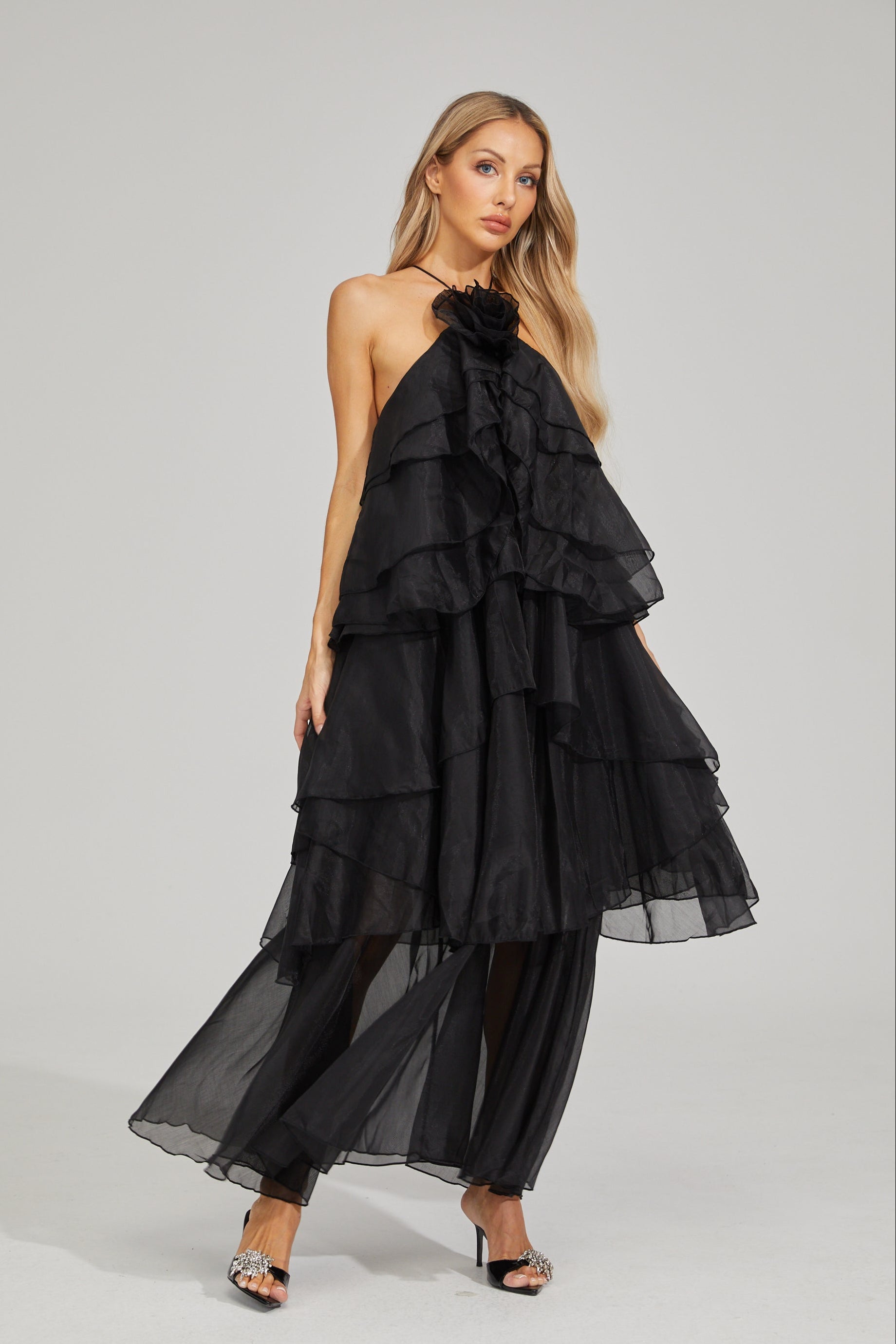 Behati Noir Cascade Ruffle Maxi Dress