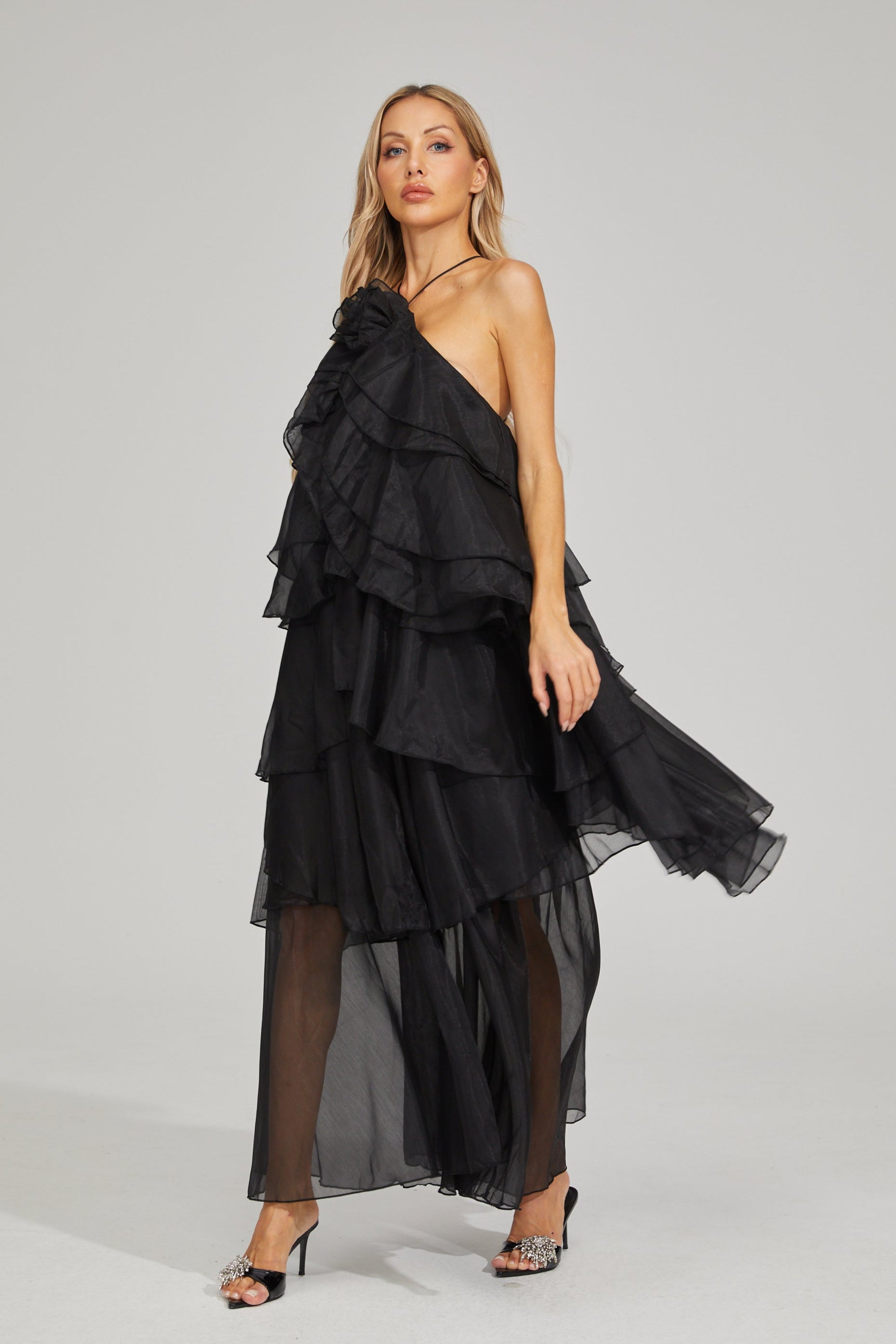 Behati Noir Cascade Ruffle Maxi Dress