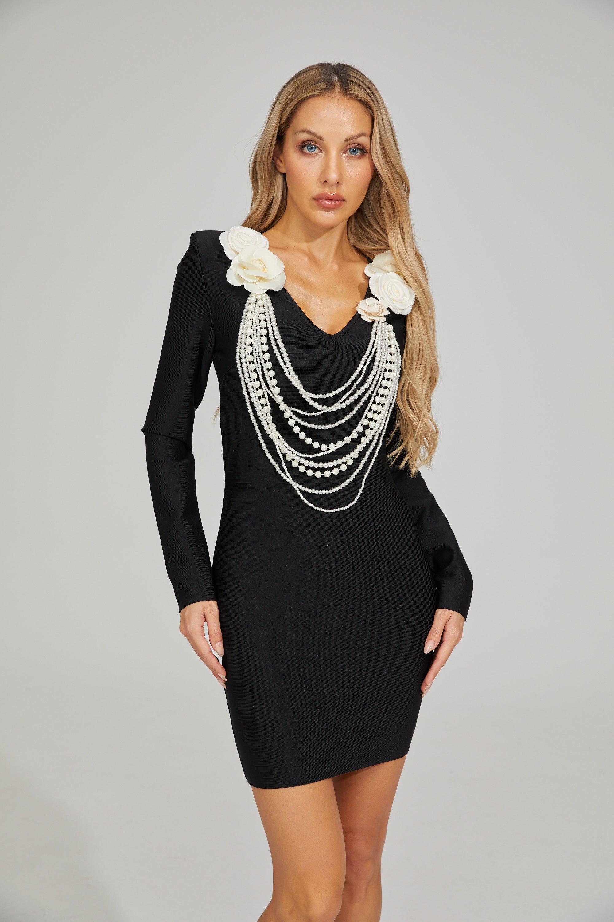 Meliora Pearl Blossom V-Neck Mini Dress