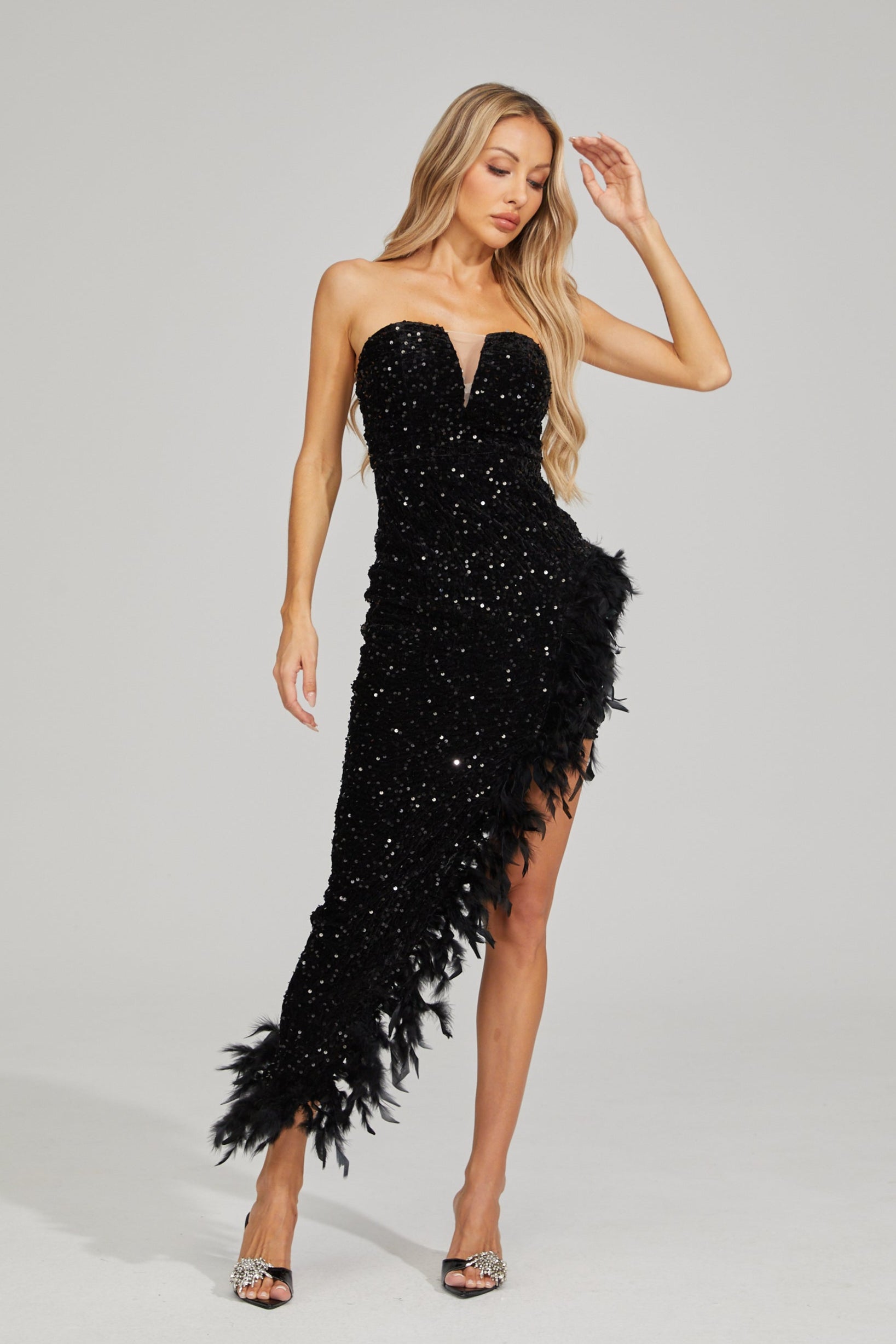 black sequin feather dress High Neck Long Sleeve Hem Detail Mini In | EGO US Back zipper Kira Black Sequin Feather Maxi
