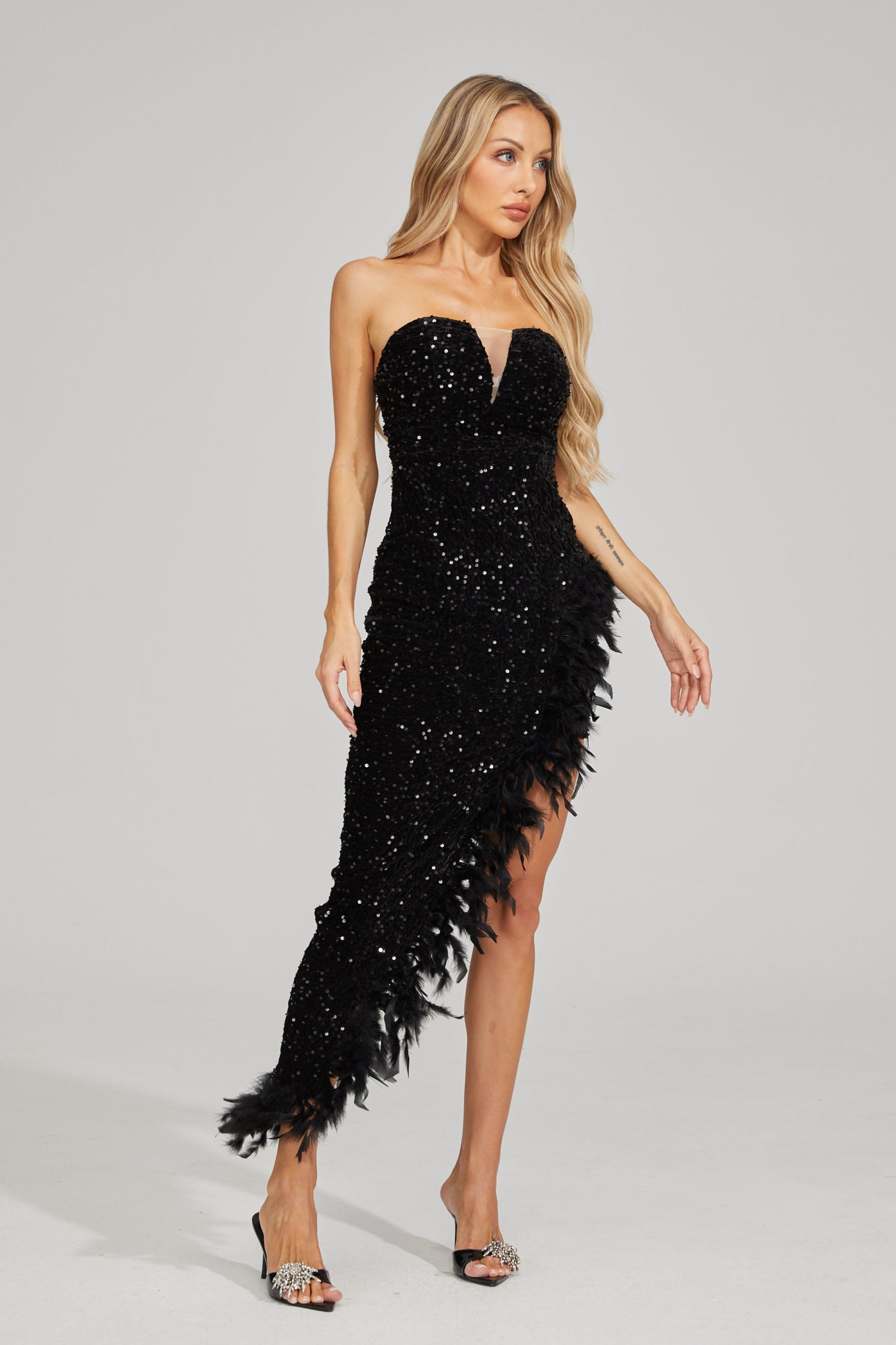 Kira Black Sequin Feather Maxi Dress