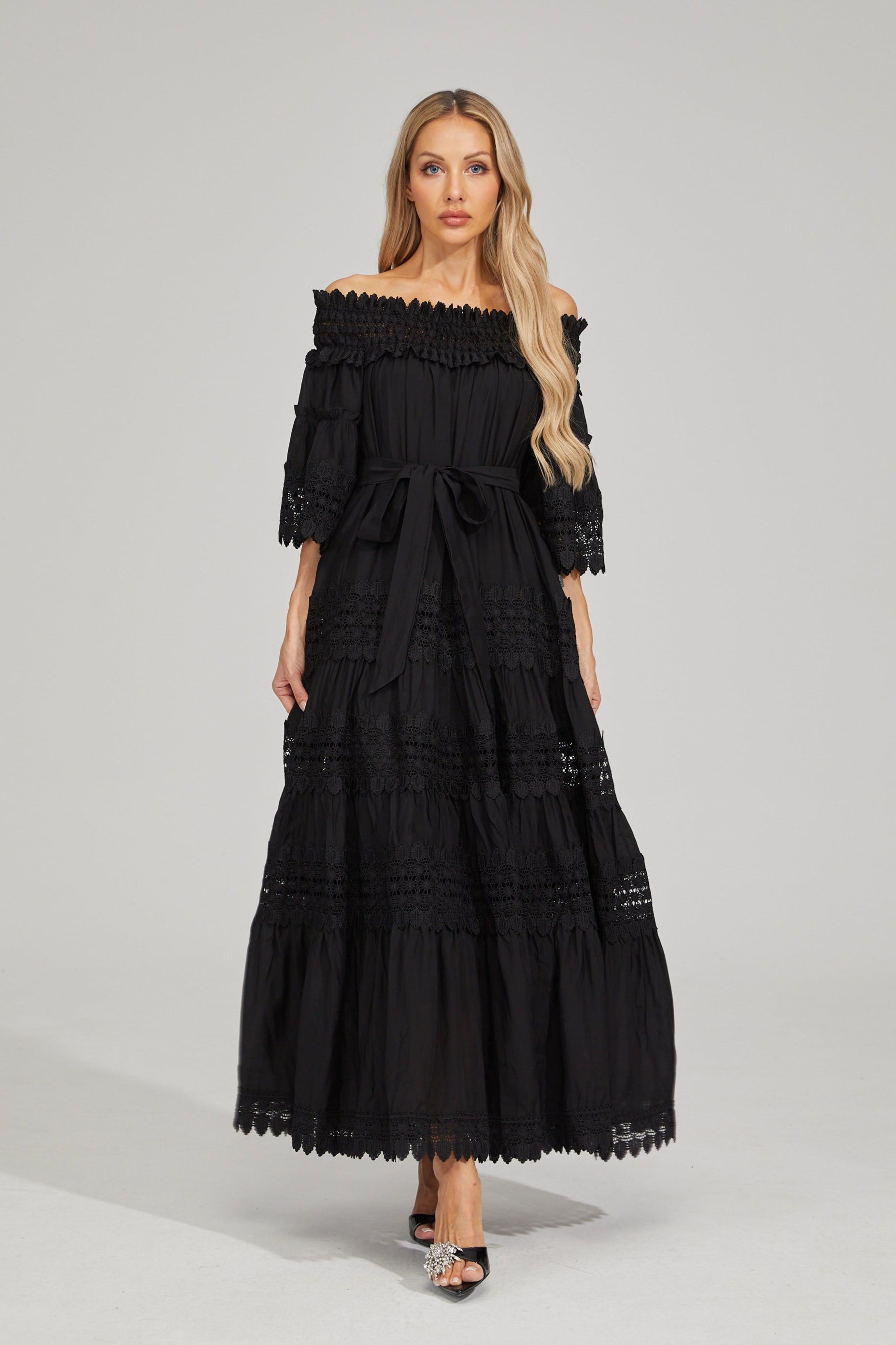 Rainaude Black Off-Shoulder Lace Maxi Dress