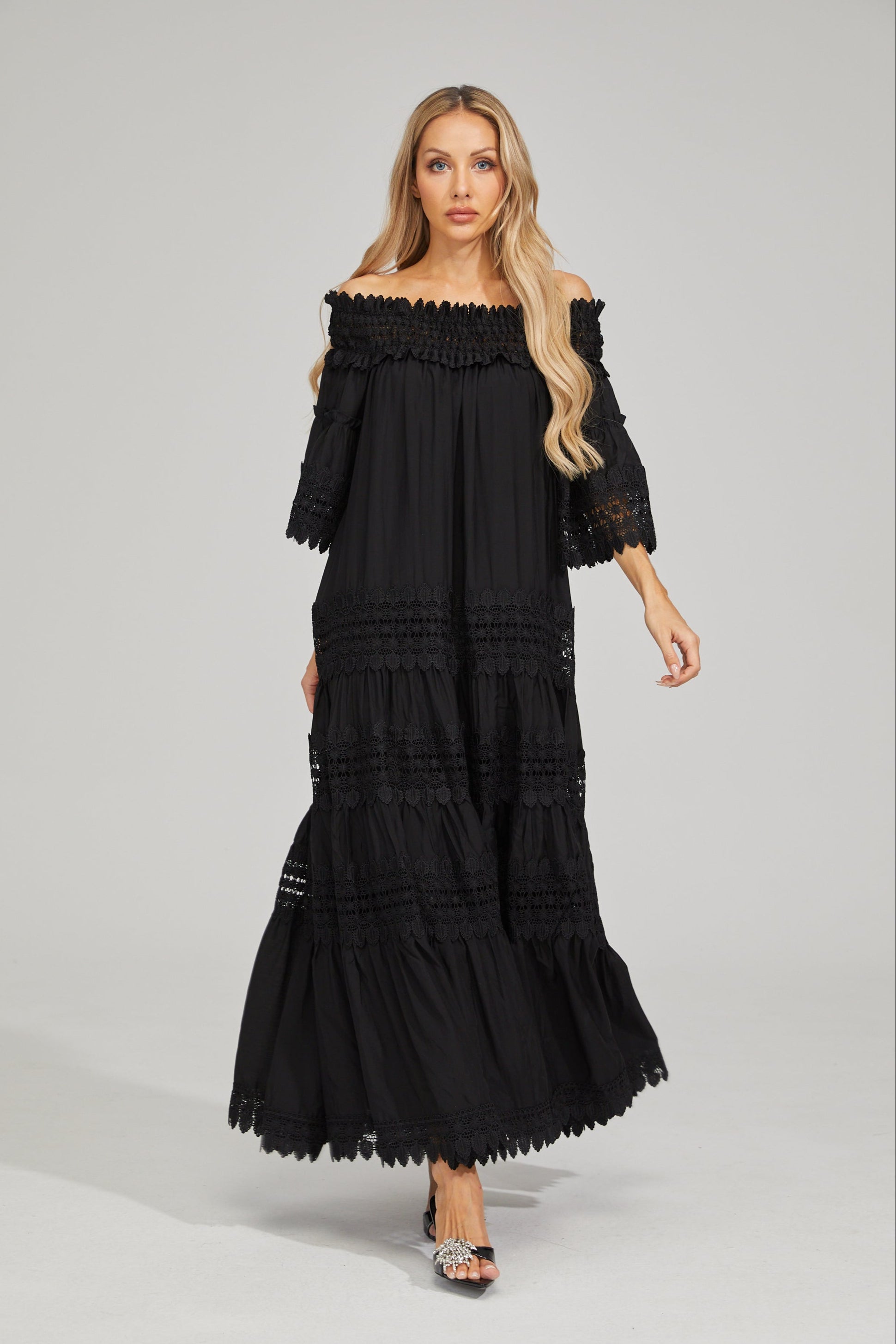 Rainaude Black Off-Shoulder Lace Maxi Dress