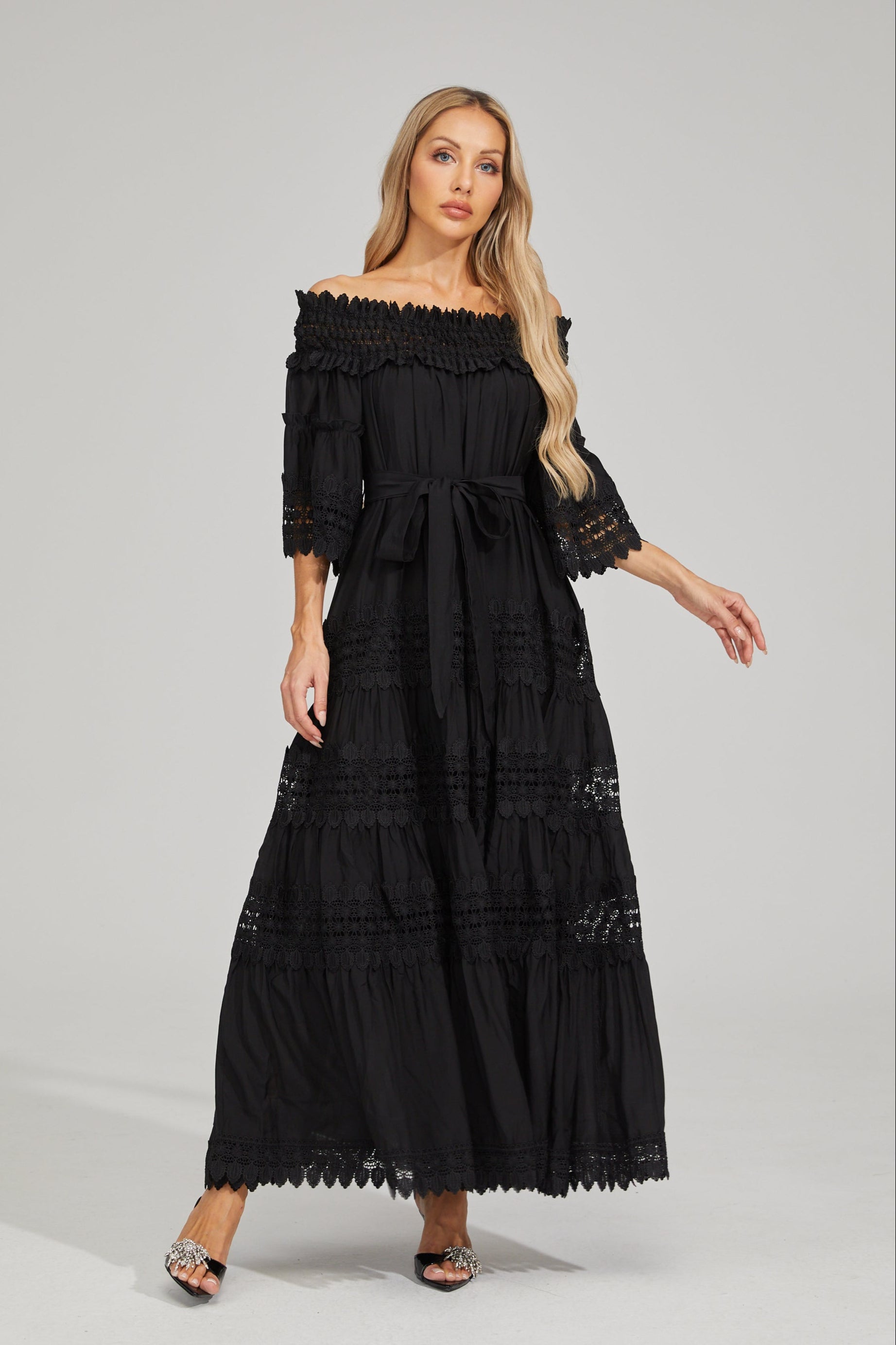 Rainaude Black Off-Shoulder Lace Maxi Dress