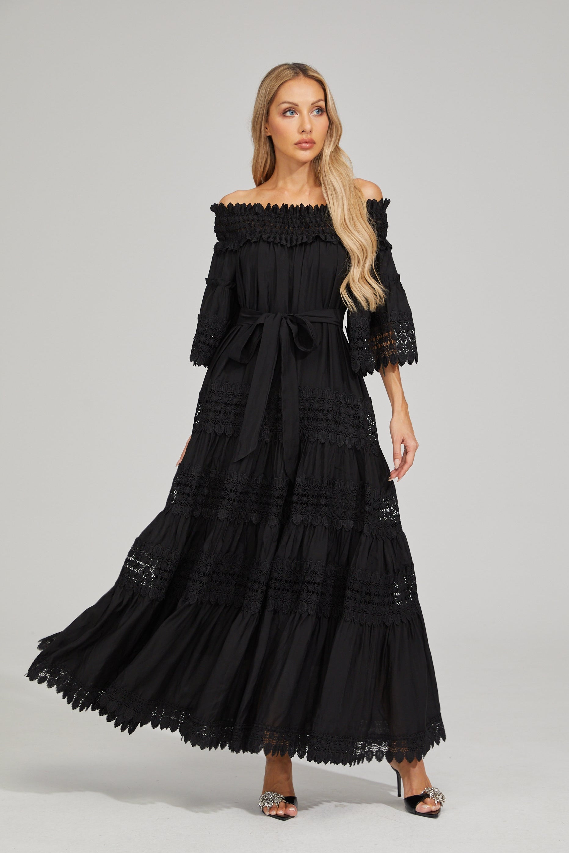 Rainaude Black Off-Shoulder Lace Maxi Dress