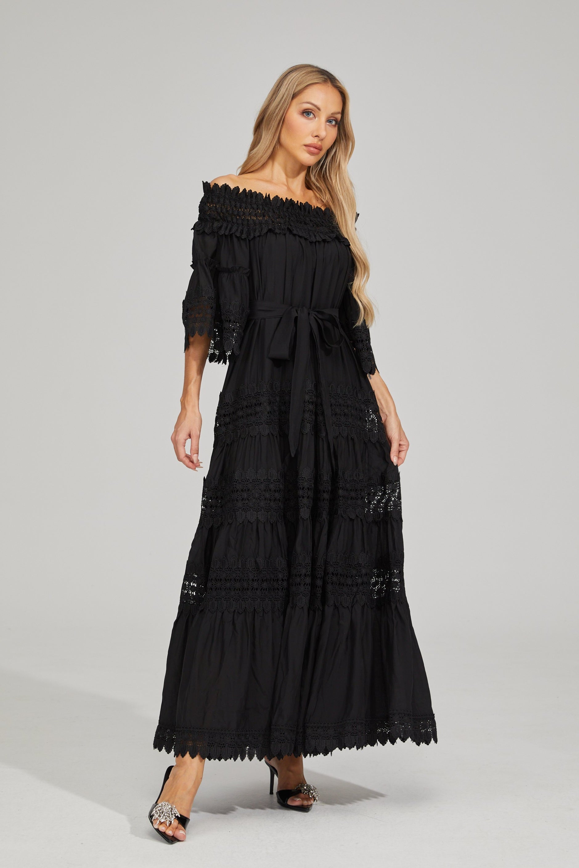Rainaude Black Off-Shoulder Lace Maxi Dress